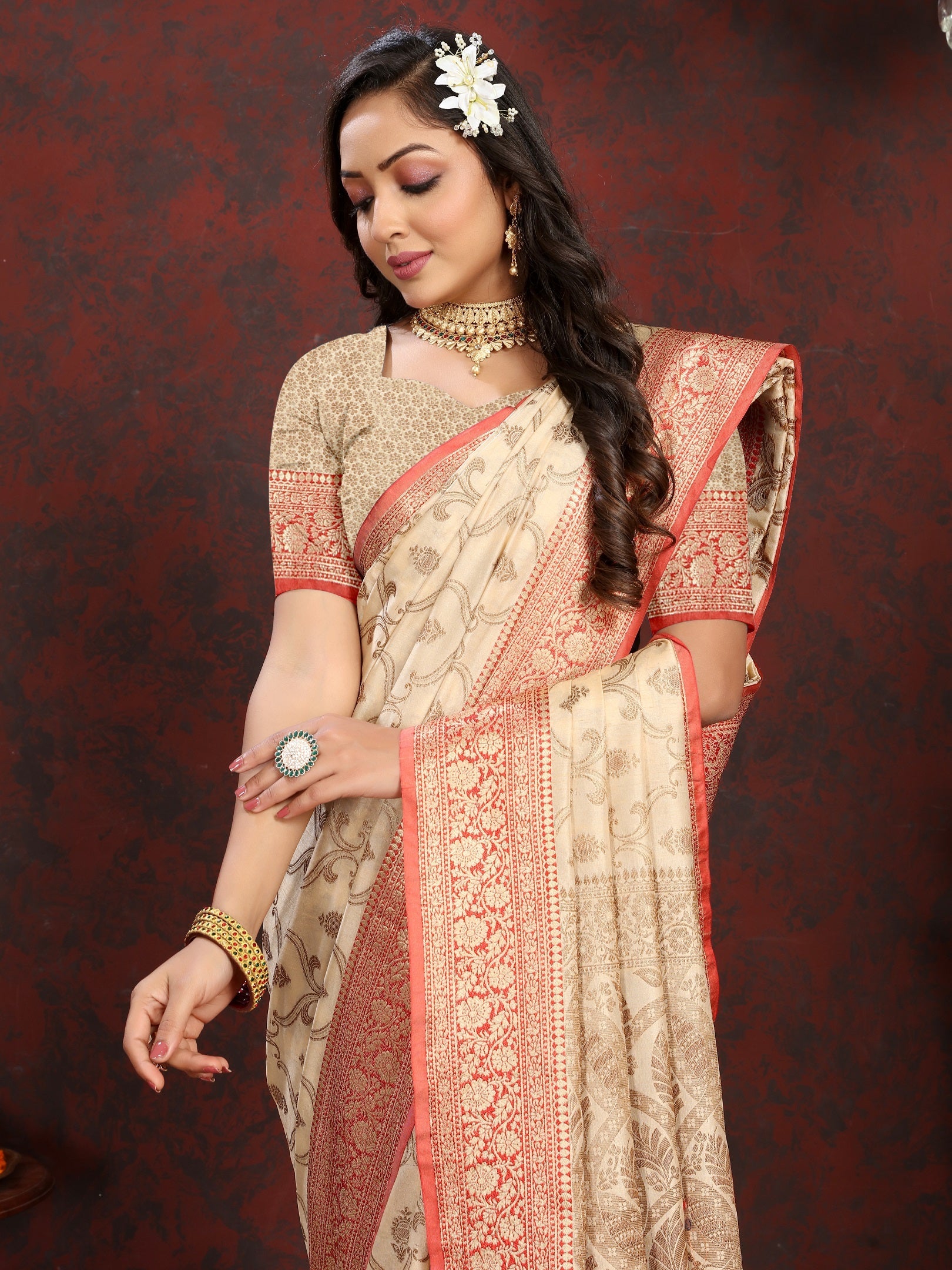 Vedant Vastram Beige Color Banarasi Silk Saree - Beige