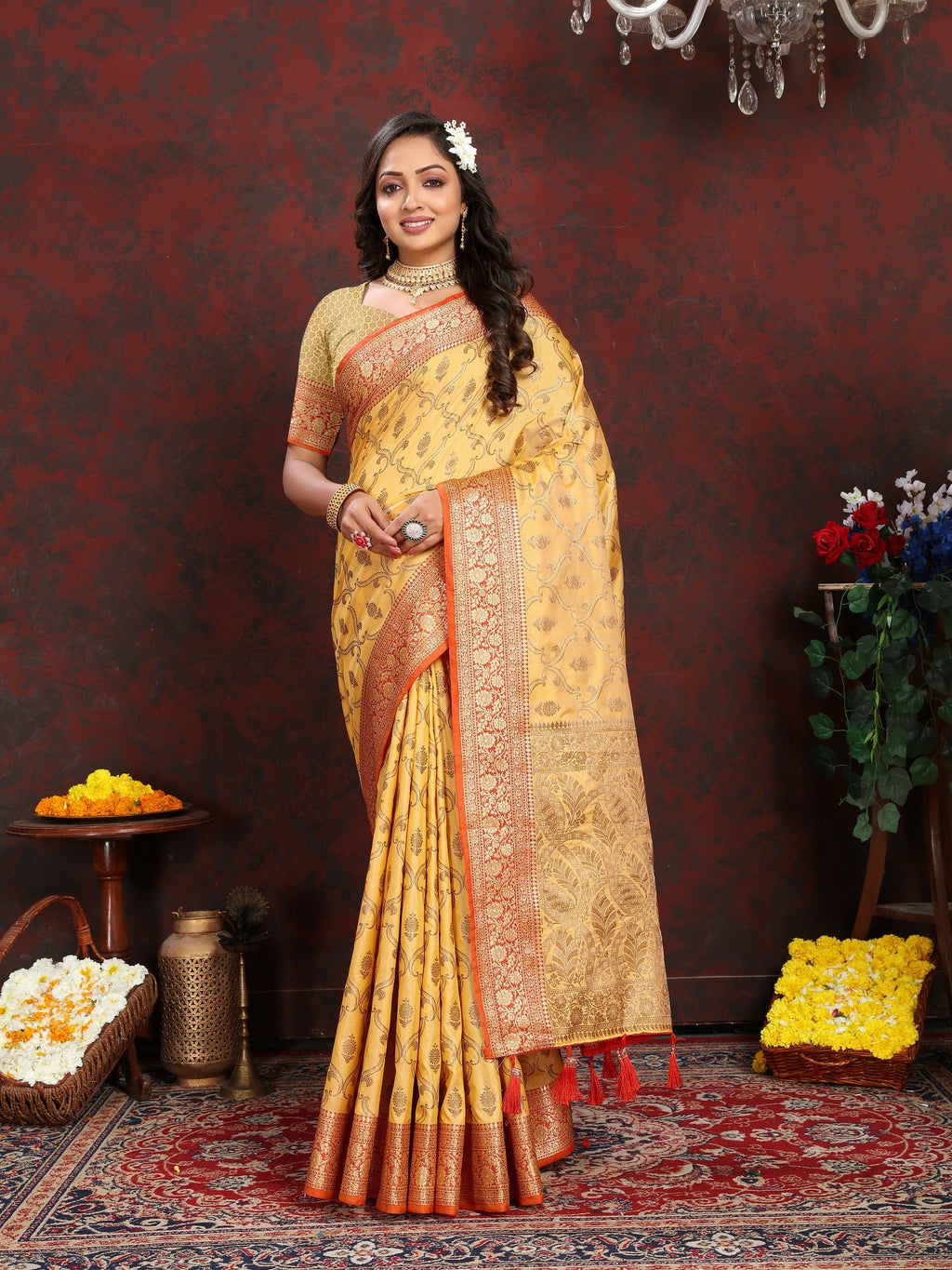 Vedant Vastram Mustard Color Banarasi Silk Saree - Mustard