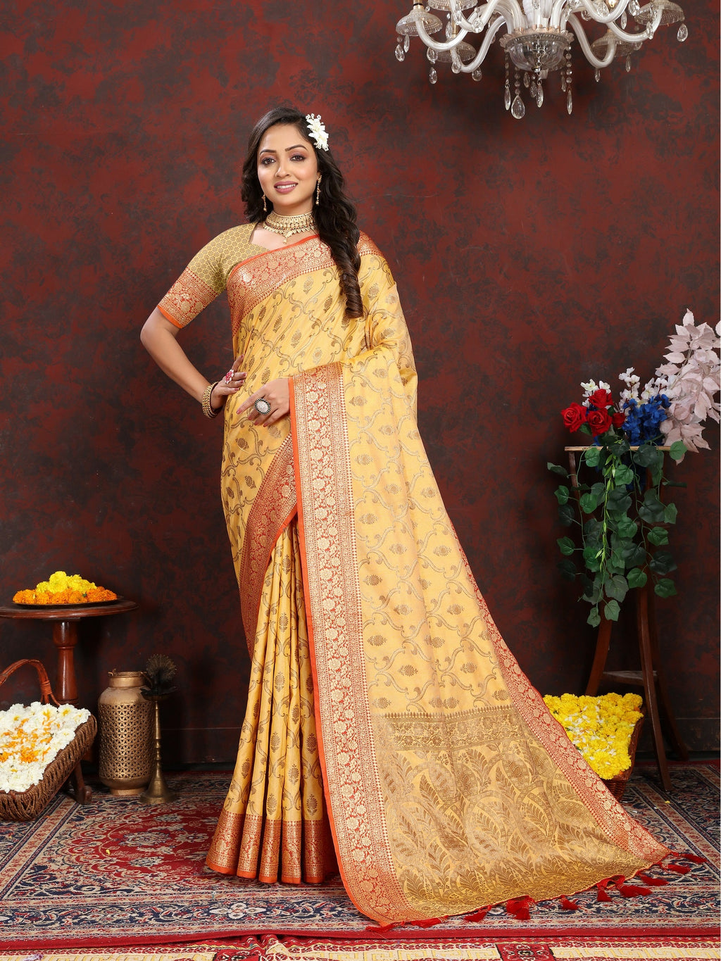 Vedant Vastram Mustard Color Banarasi Silk Saree - Mustard