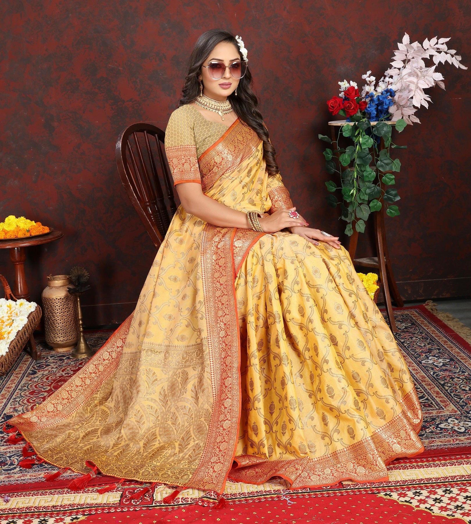 Vedant Vastram Mustard Color Banarasi Silk Saree - Mustard