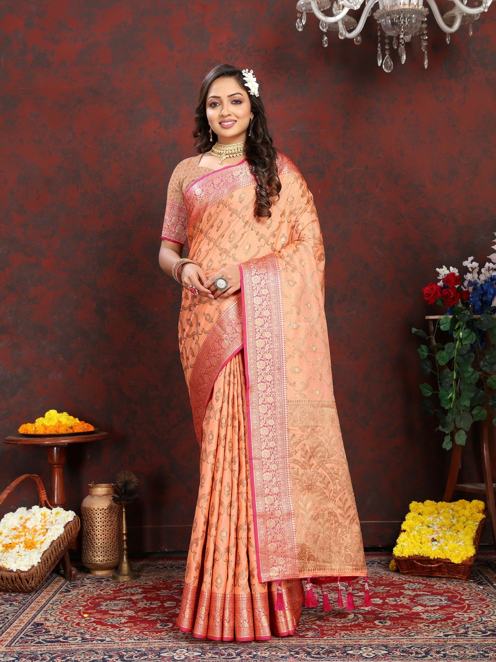 Vedant Vastram Peach Color Banarasi Silk Saree - Peach