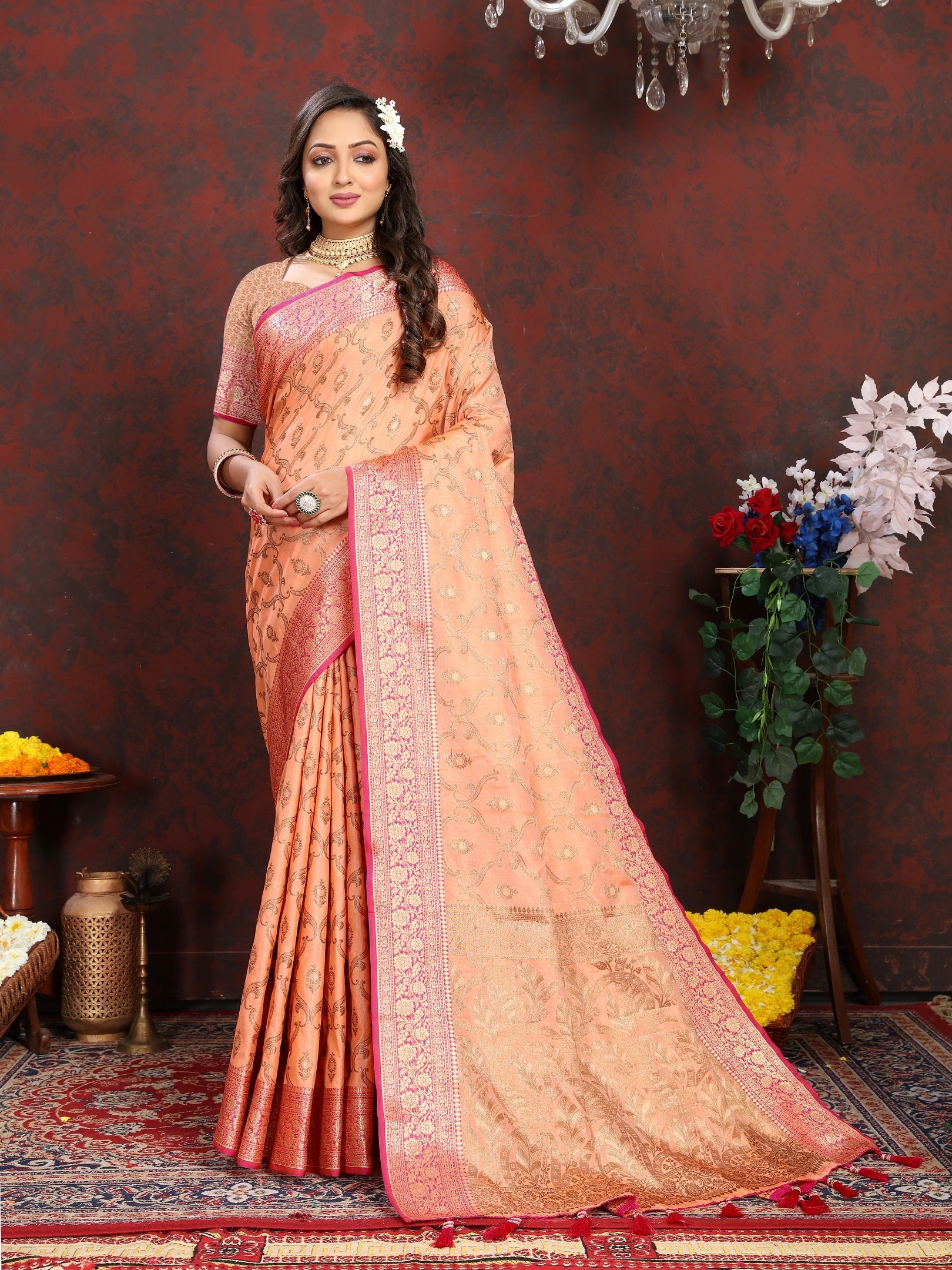 Vedant Vastram Peach Color Banarasi Silk Saree - Peach