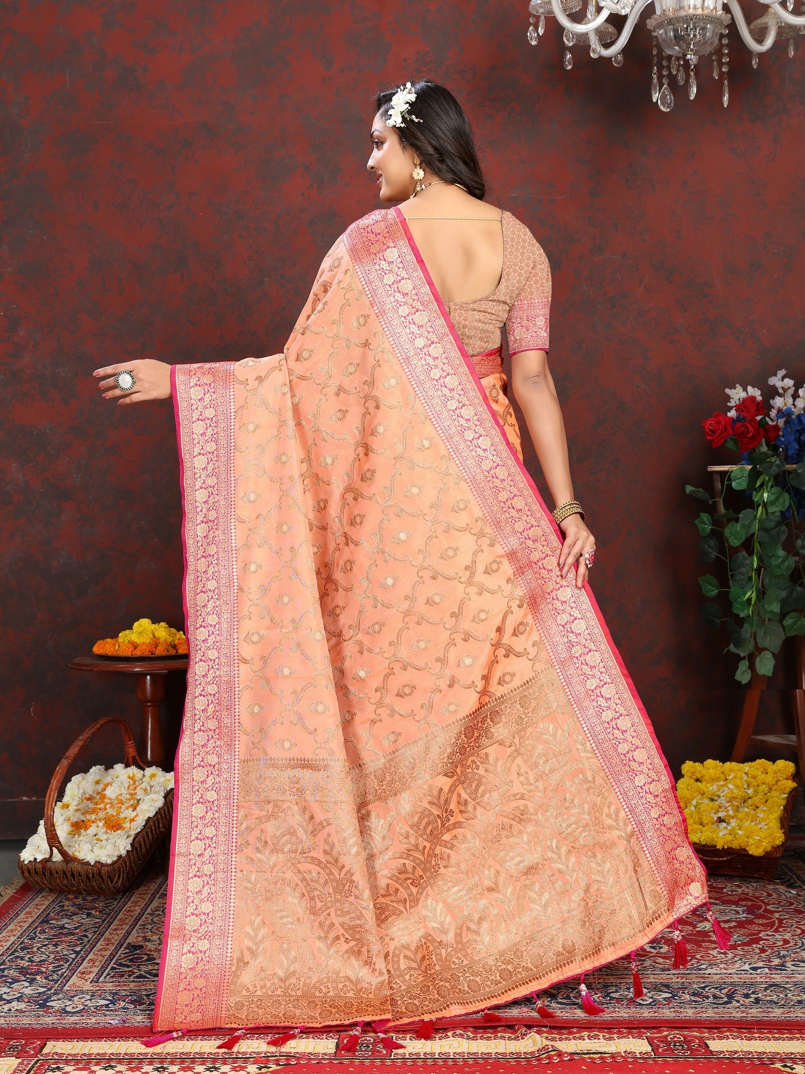 Vedant Vastram Peach Color Banarasi Silk Saree - Peach