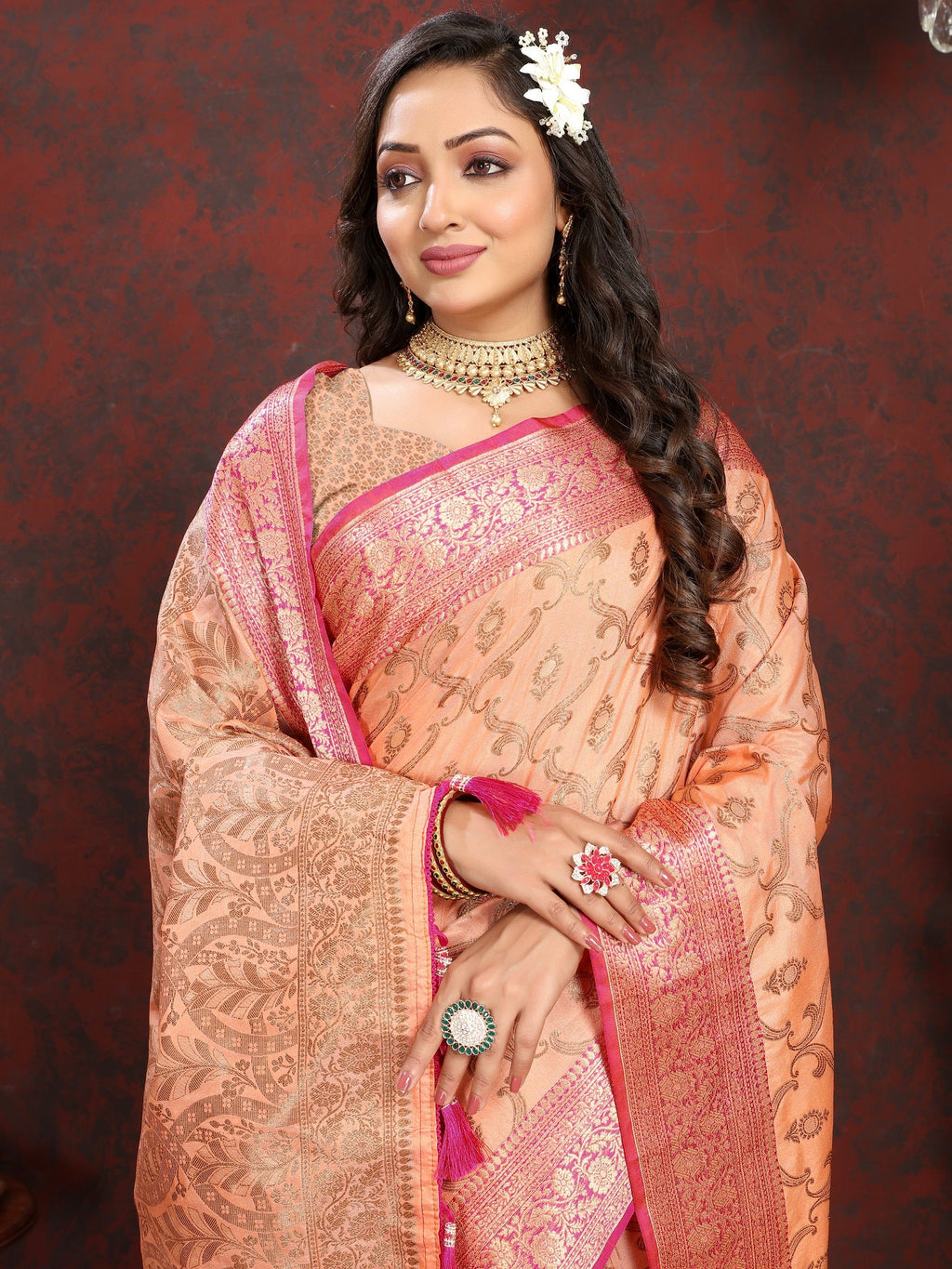 Vedant Vastram Peach Color Banarasi Silk Saree - Peach