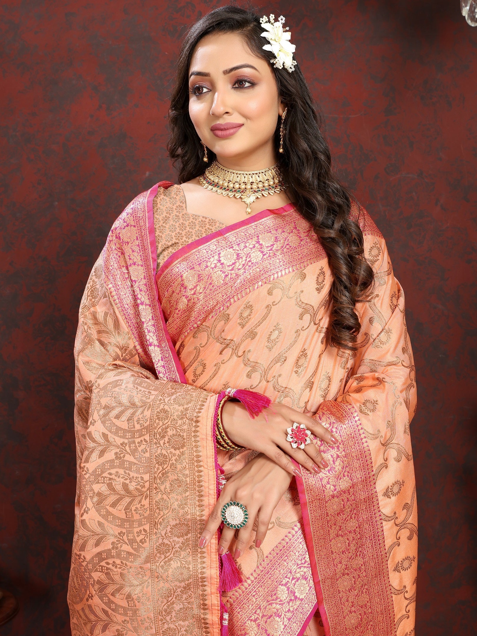 Vedant Vastram Peach Color Banarasi Silk Saree - Peach