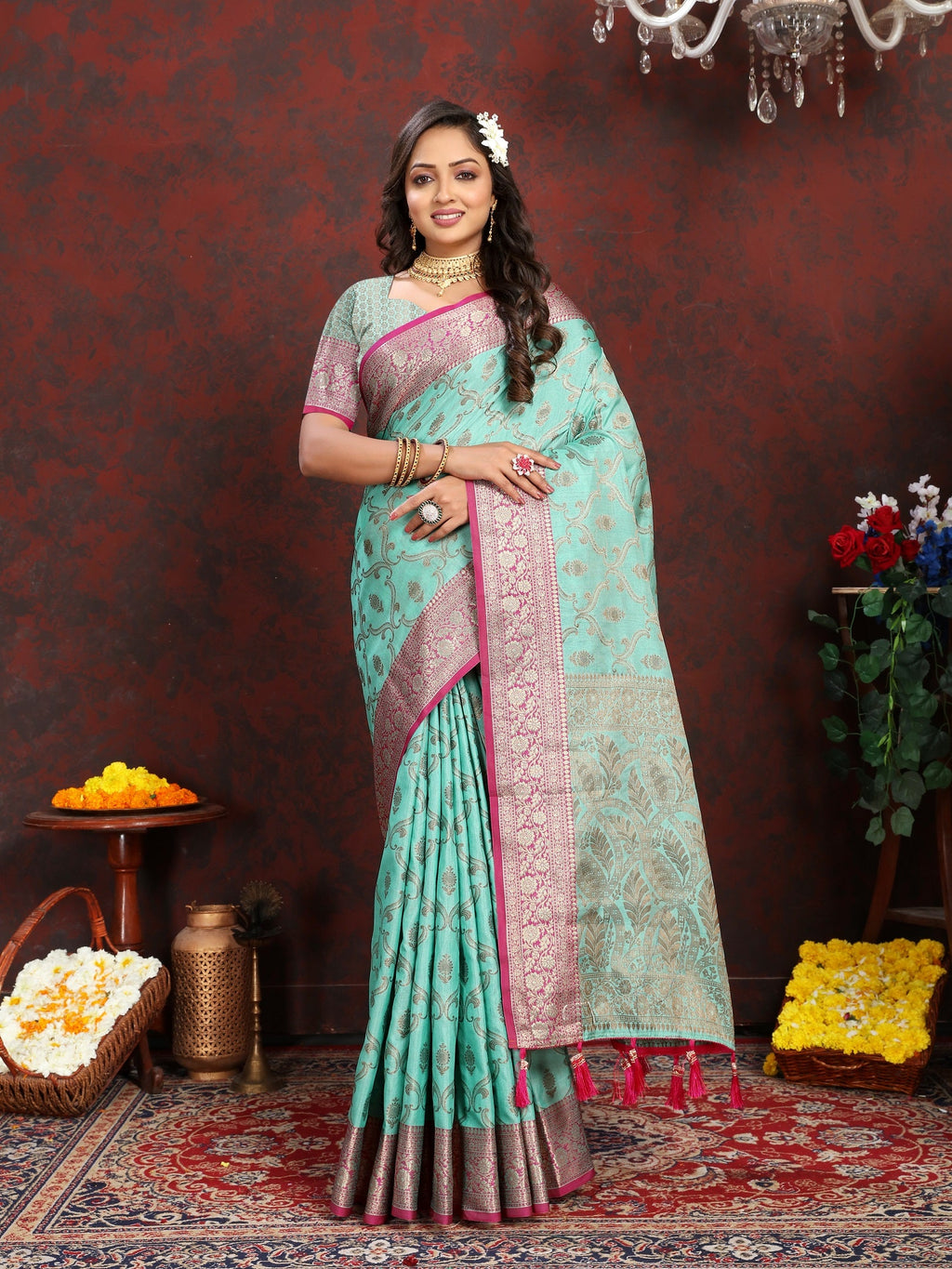Vedant Vastram Turquoise Color Banarasi Silk Saree - Turquoise
