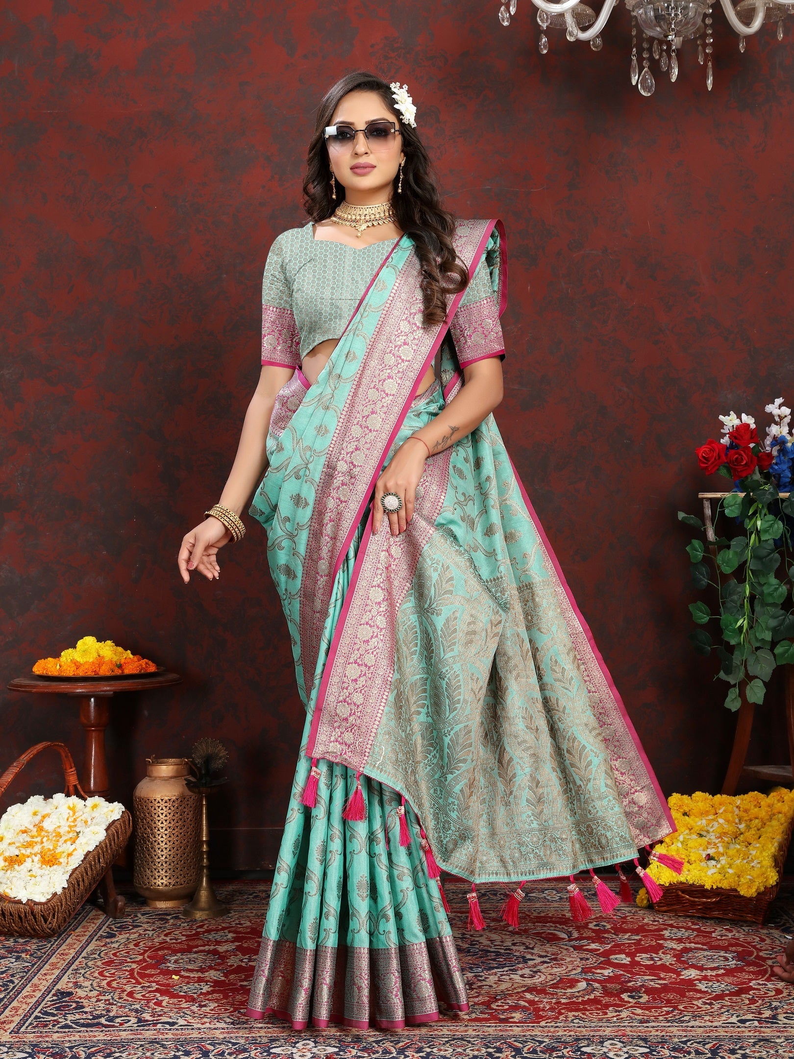 Vedant Vastram Turquoise Color Banarasi Silk Saree - Turquoise