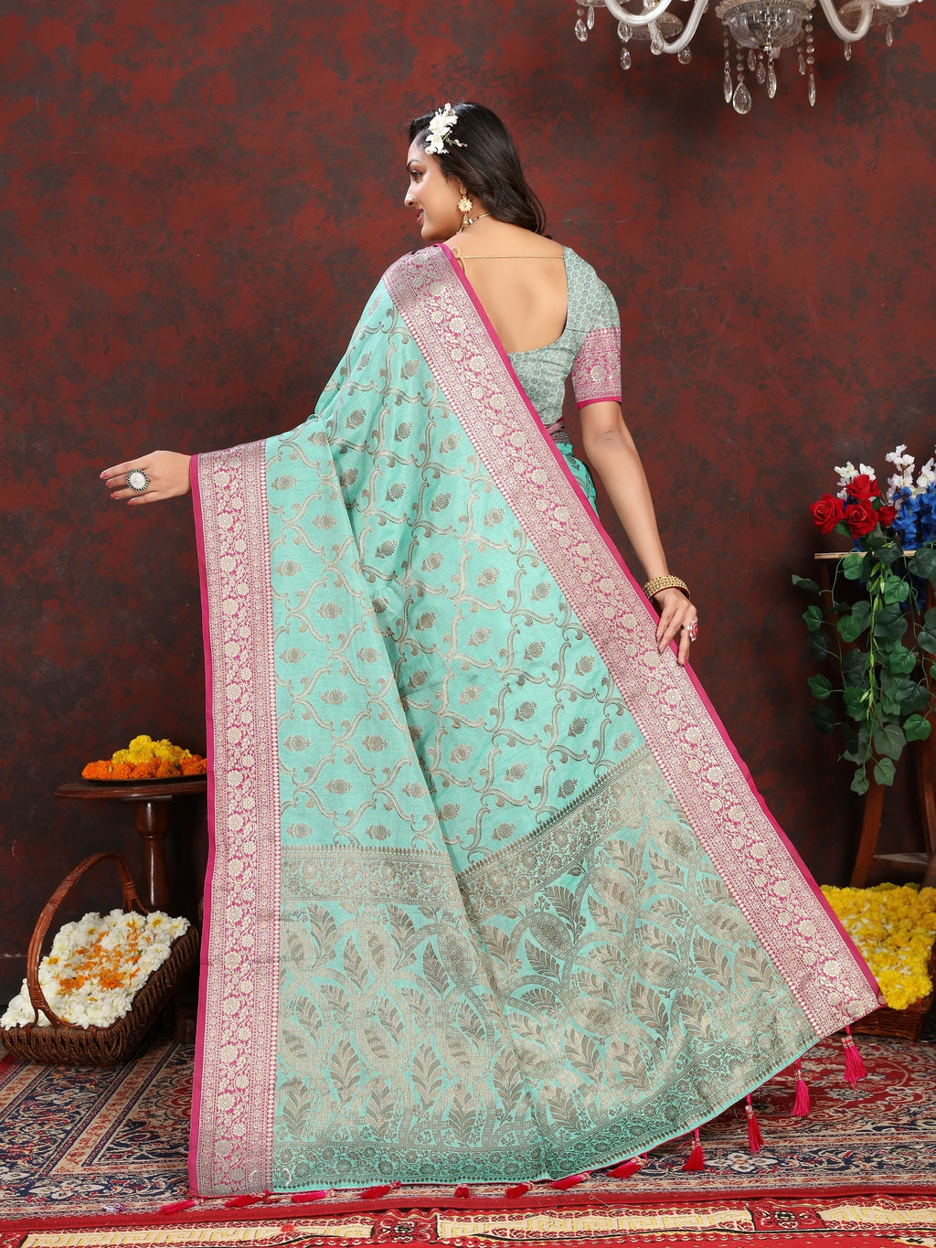 Vedant Vastram Turquoise Color Banarasi Silk Saree - Turquoise