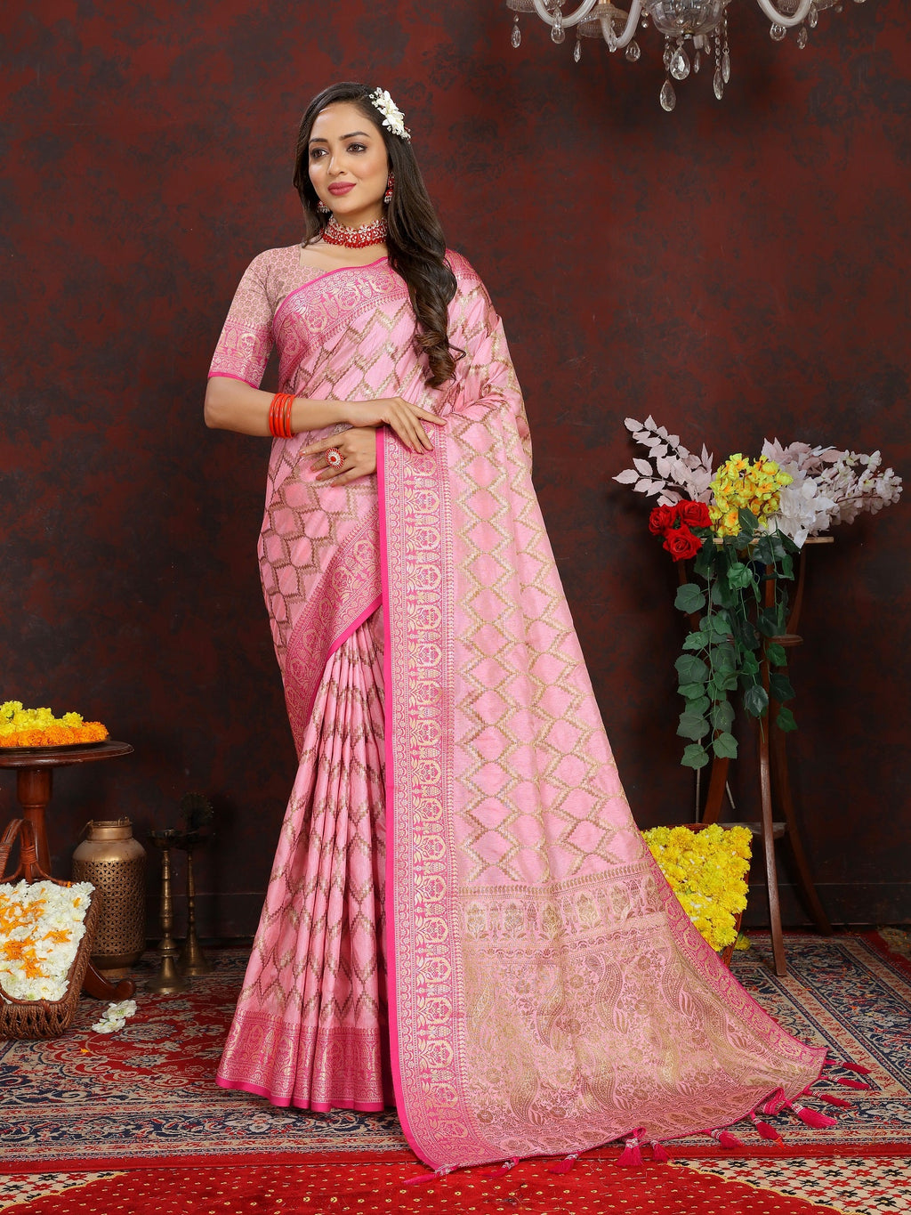Vedant Vastram Baby Pink Color Banarasi Silk Saree - Baby Pink