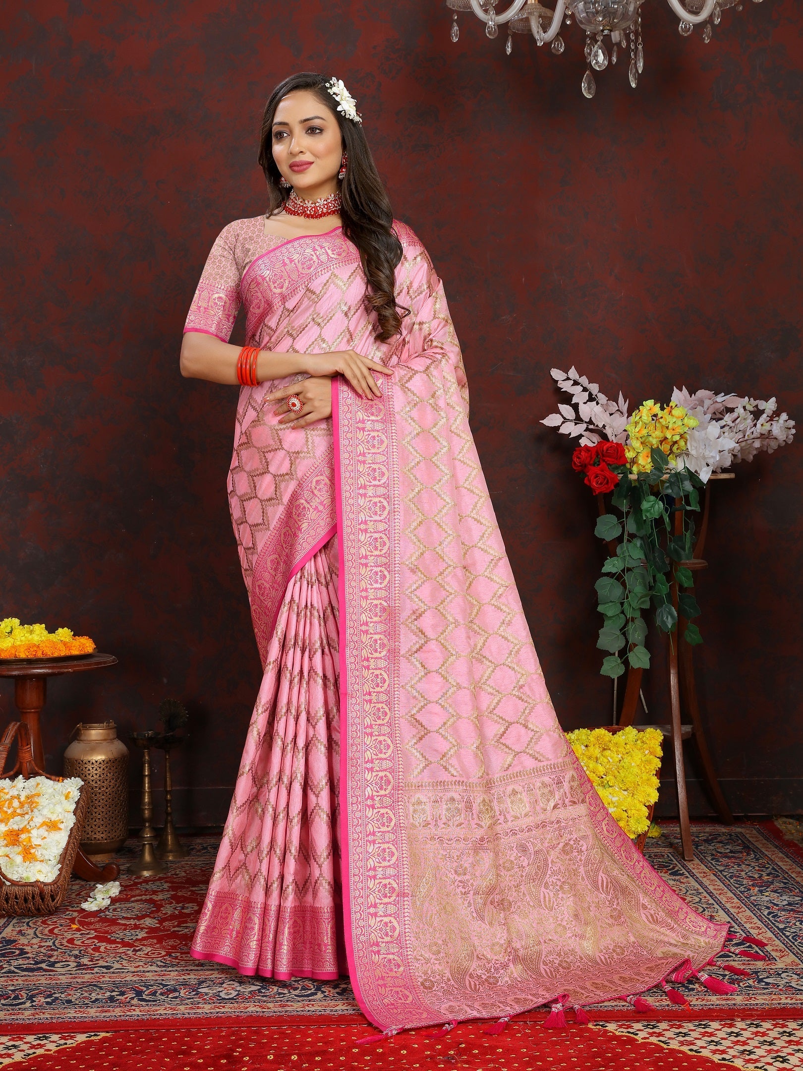 Vedant Vastram Baby Pink Color Banarasi Silk Saree - Baby Pink