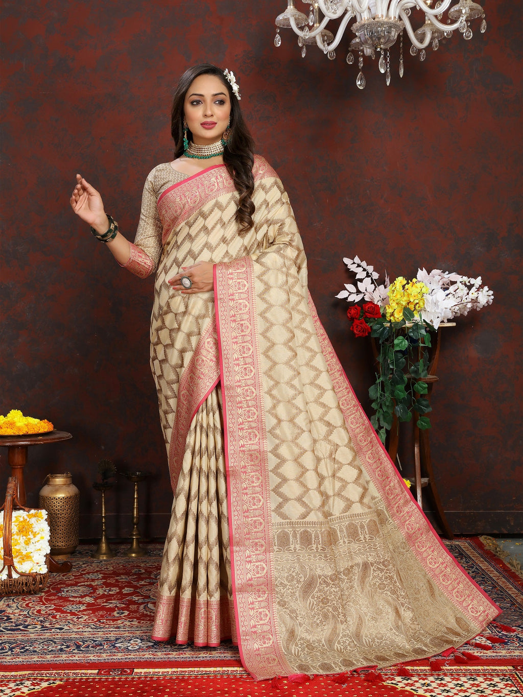 Vedant Vastram Beige Color Banarasi Silk Saree - Beige