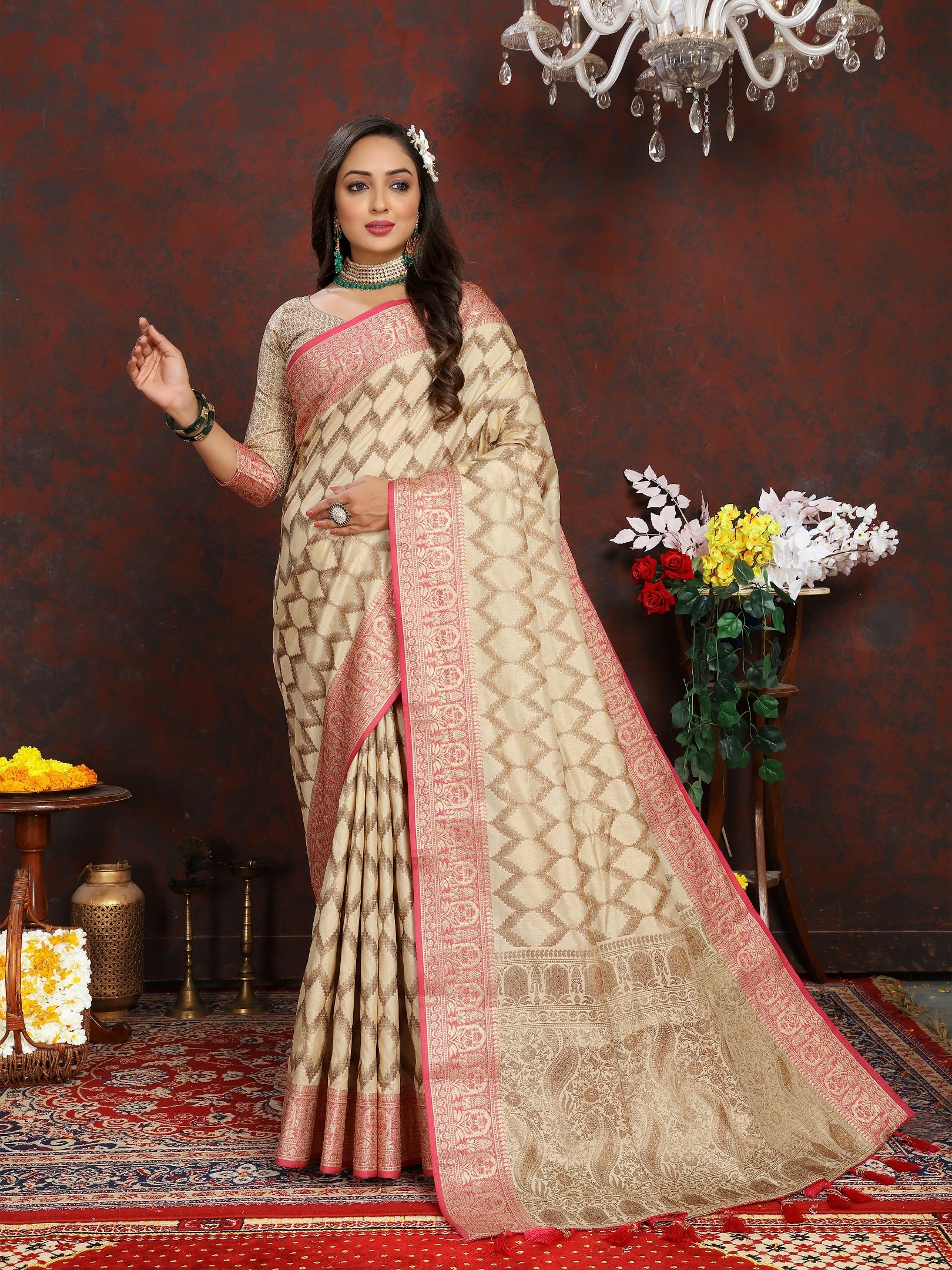 Vedant Vastram Beige Color Banarasi Silk Saree - Beige