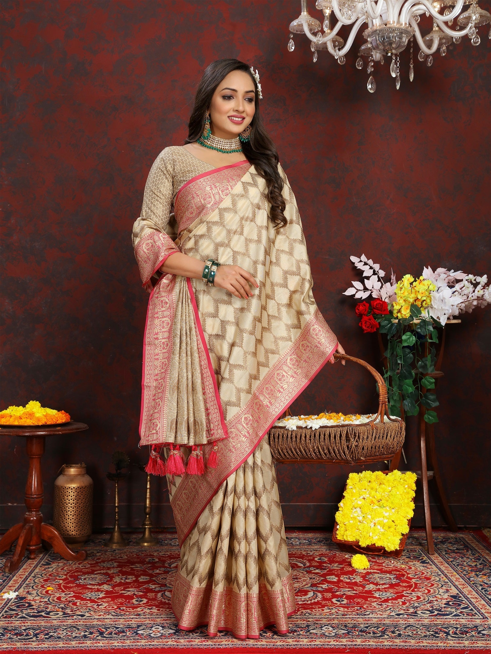 Vedant Vastram Beige Color Banarasi Silk Saree - Beige