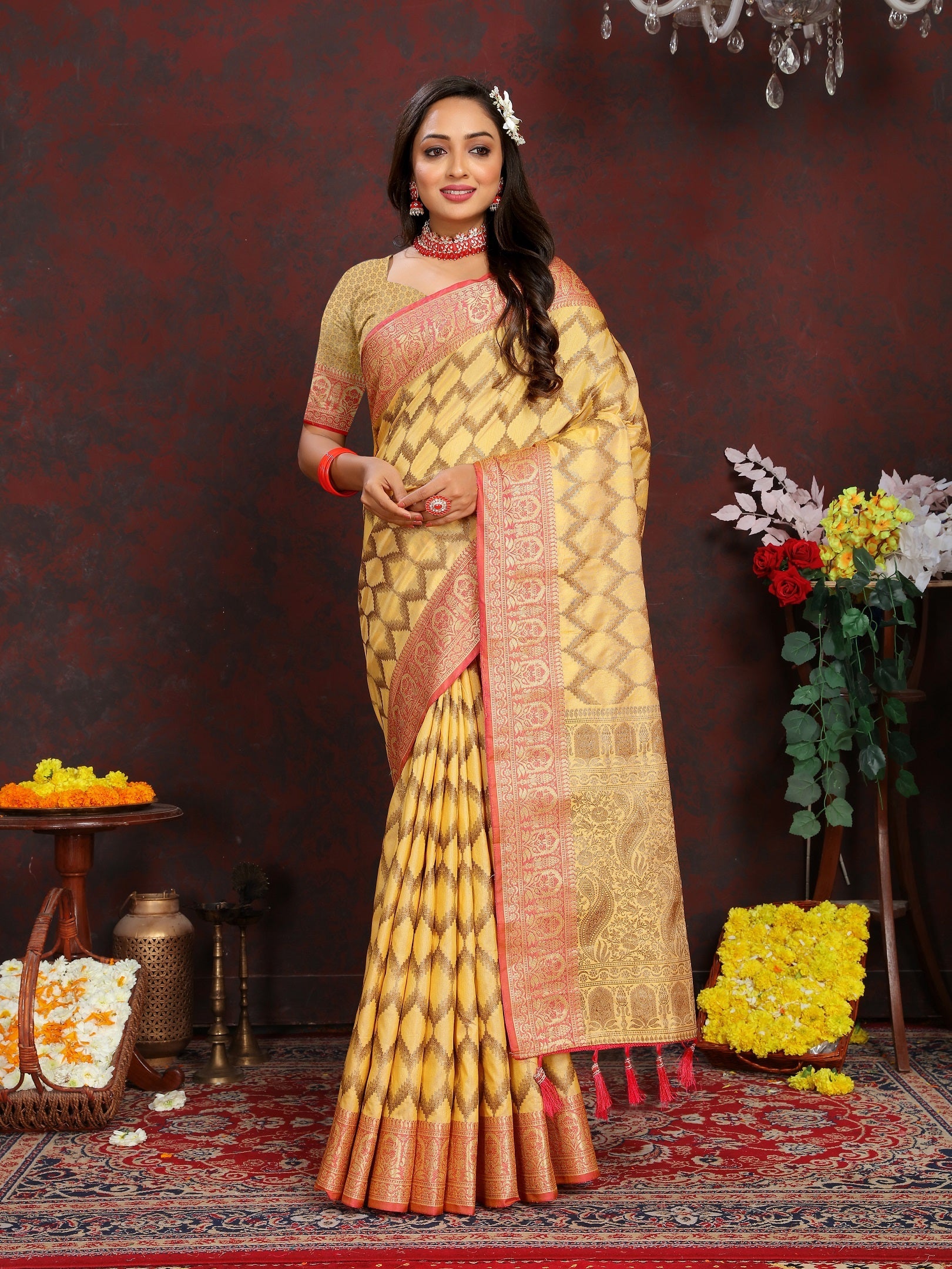 Vedant Vastram Mustard Color Banarasi Silk Saree - Mustard
