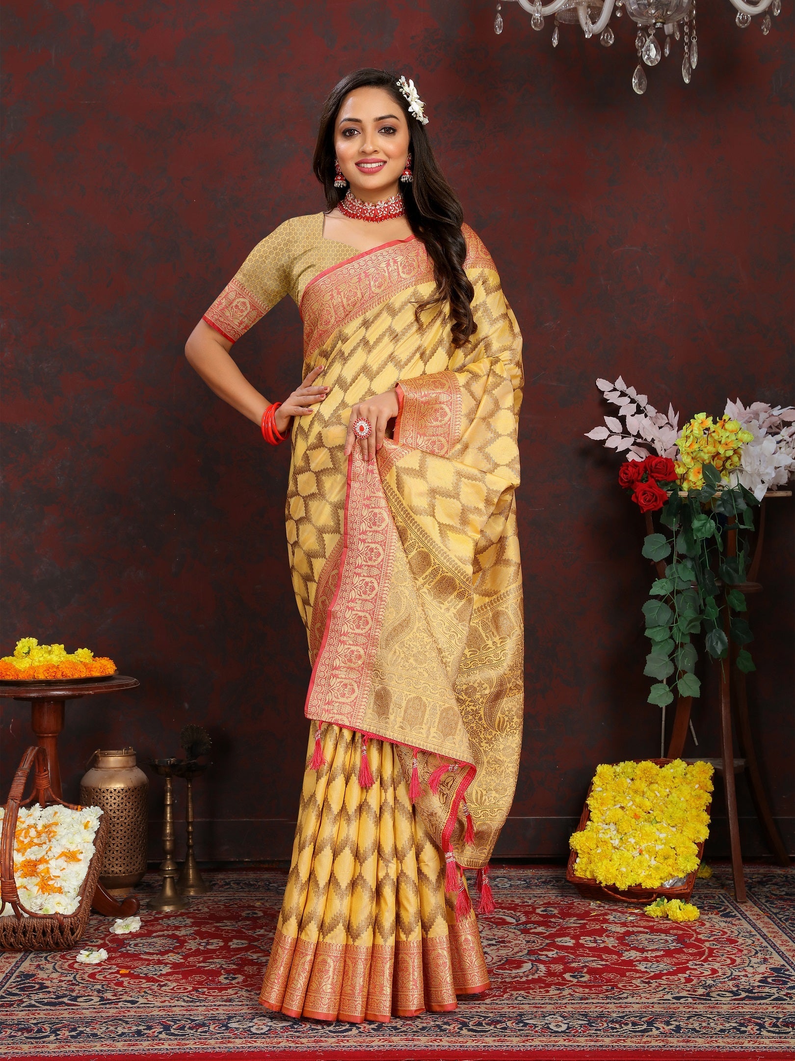Vedant Vastram Mustard Color Banarasi Silk Saree - Mustard