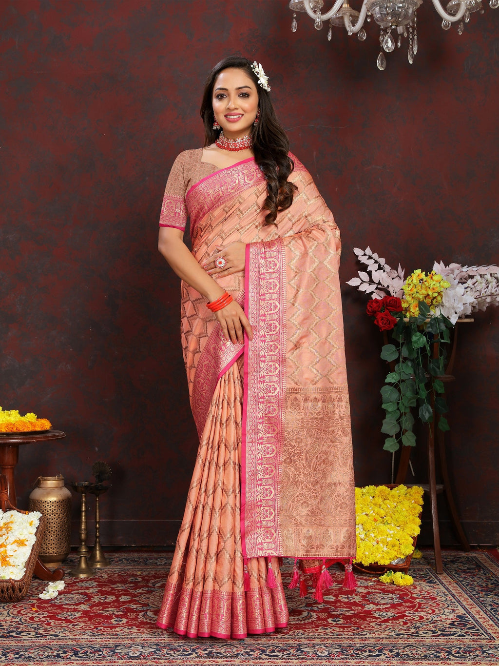 Vedant Vastram Peach Color Banarasi Silk Saree - Peach