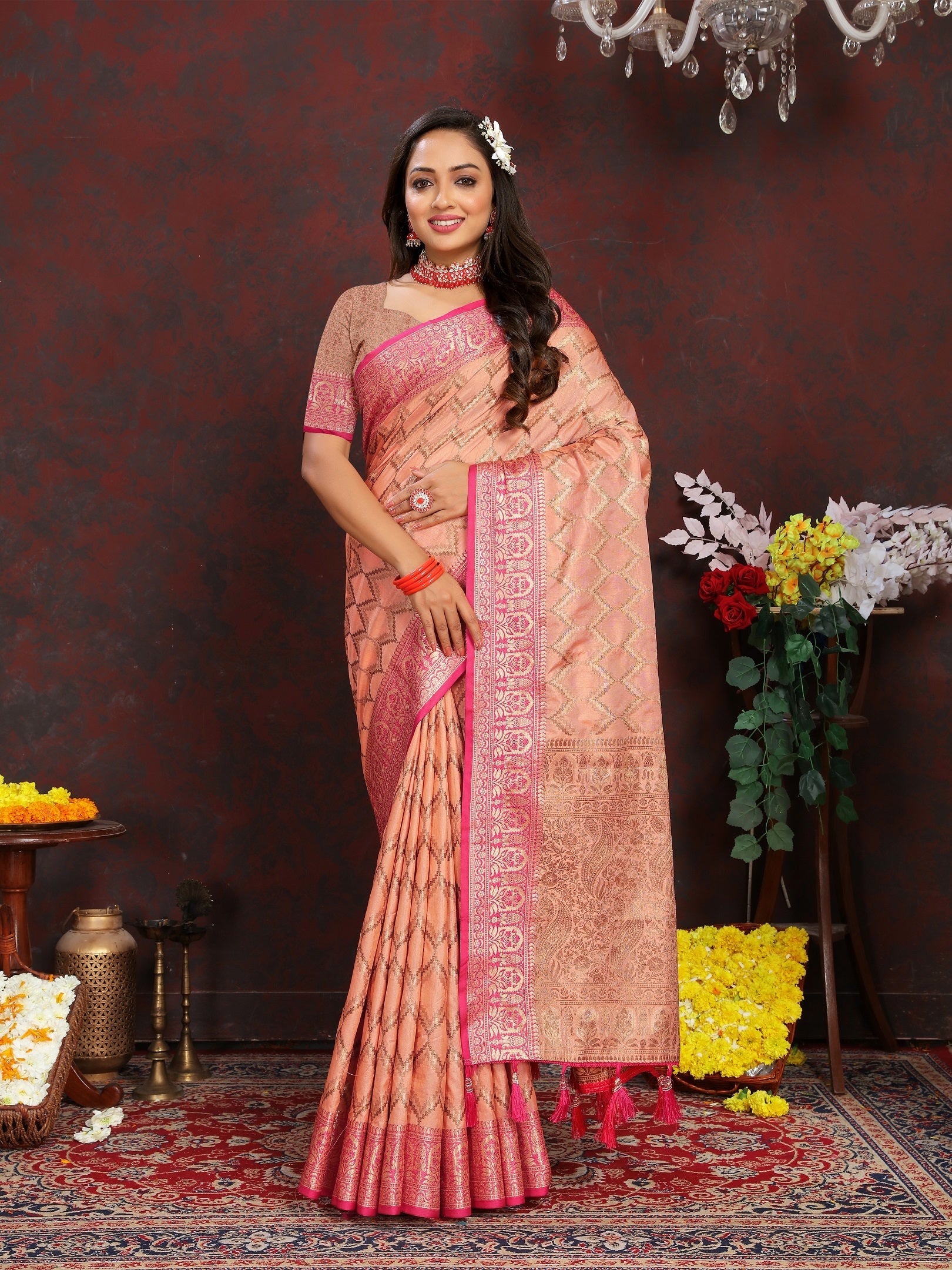 Vedant Vastram Peach Color Banarasi Silk Saree - Peach
