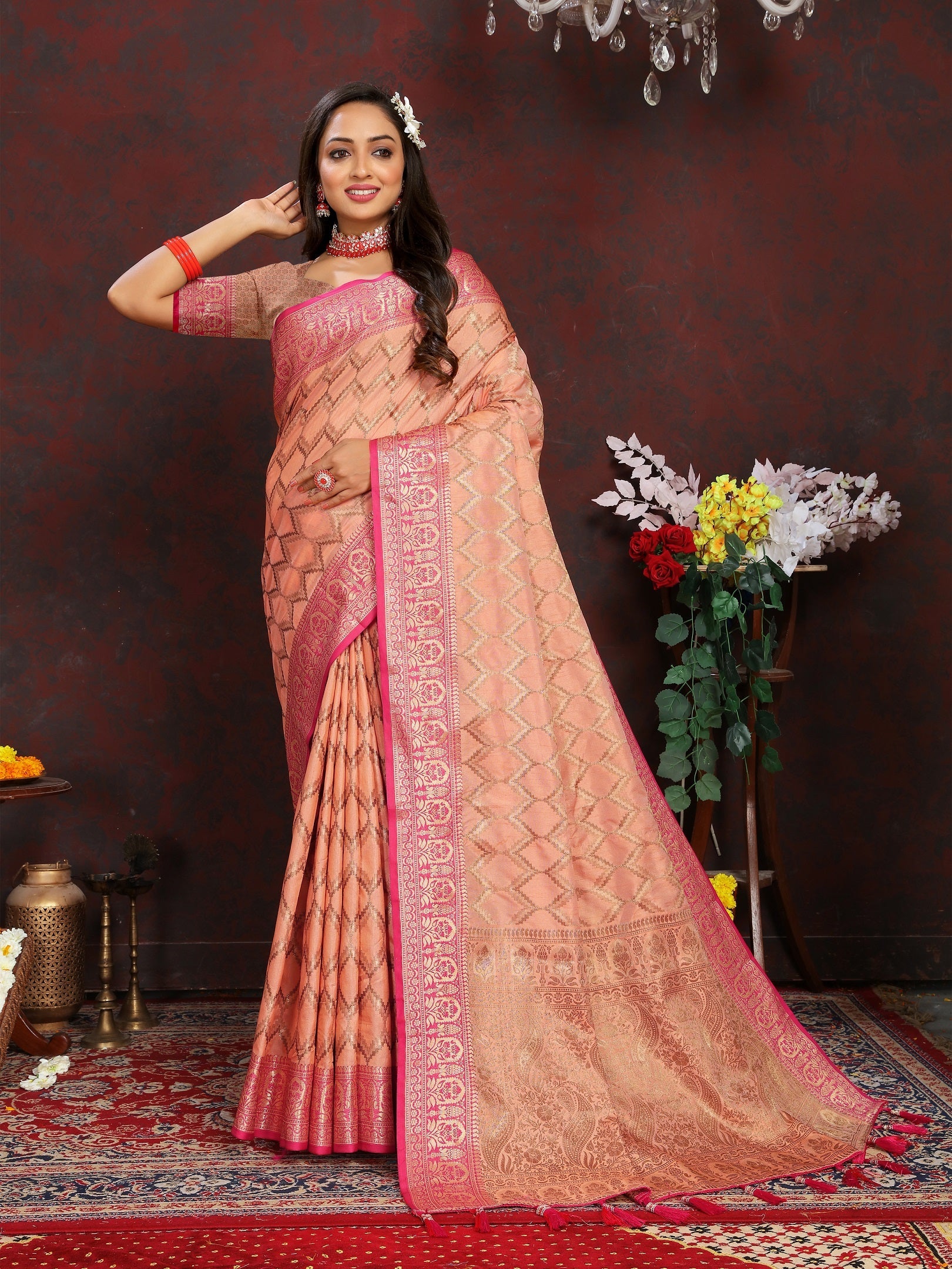 Vedant Vastram Peach Color Banarasi Silk Saree - Peach
