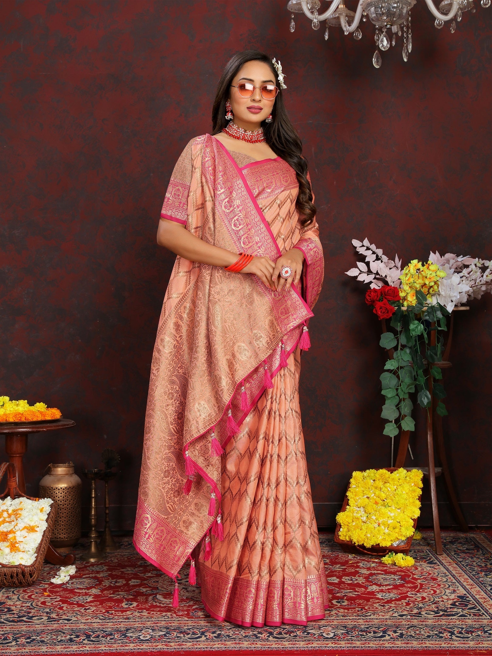 Vedant Vastram Peach Color Banarasi Silk Saree - Peach