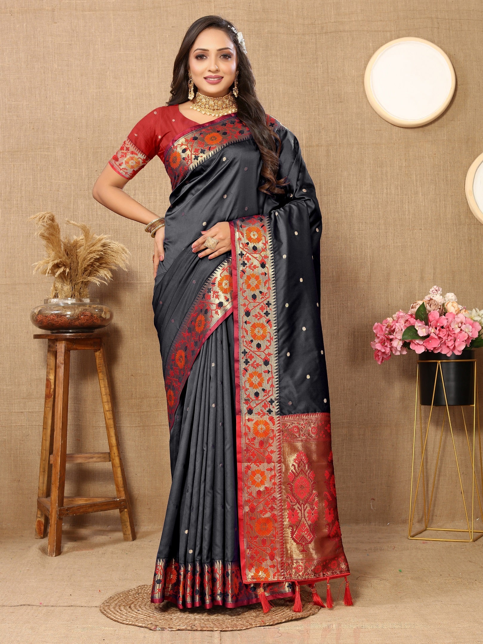Vedant Vastram Black Color Paithani Silk Saree - Black
