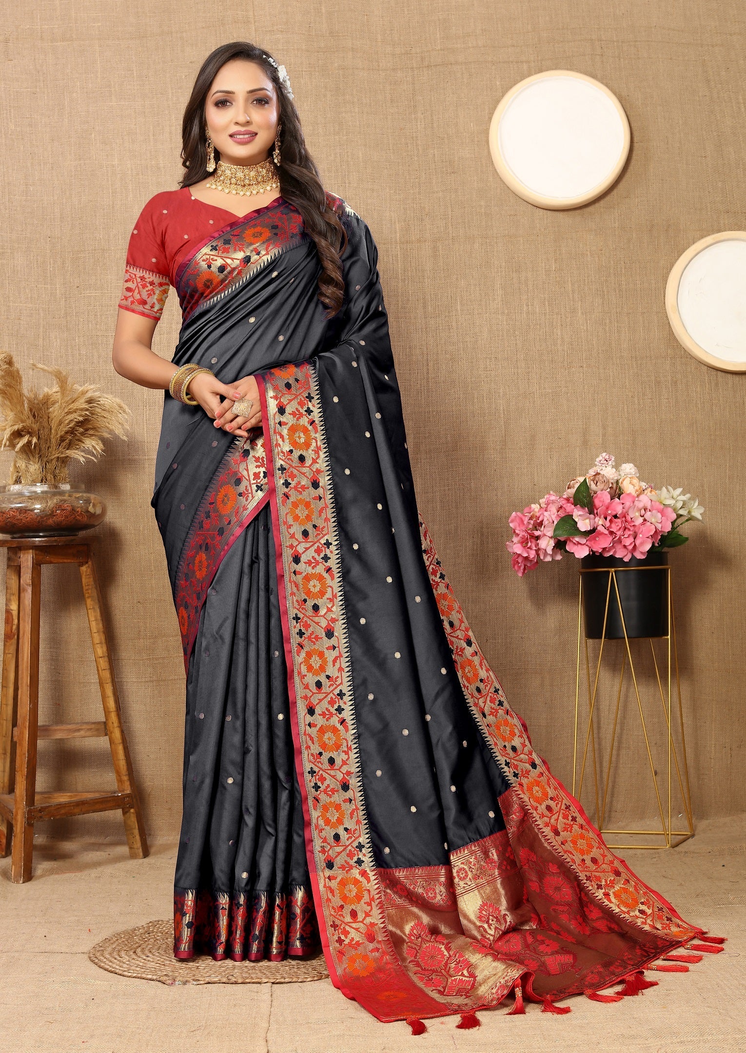 Vedant Vastram Black Color Paithani Silk Saree - Black