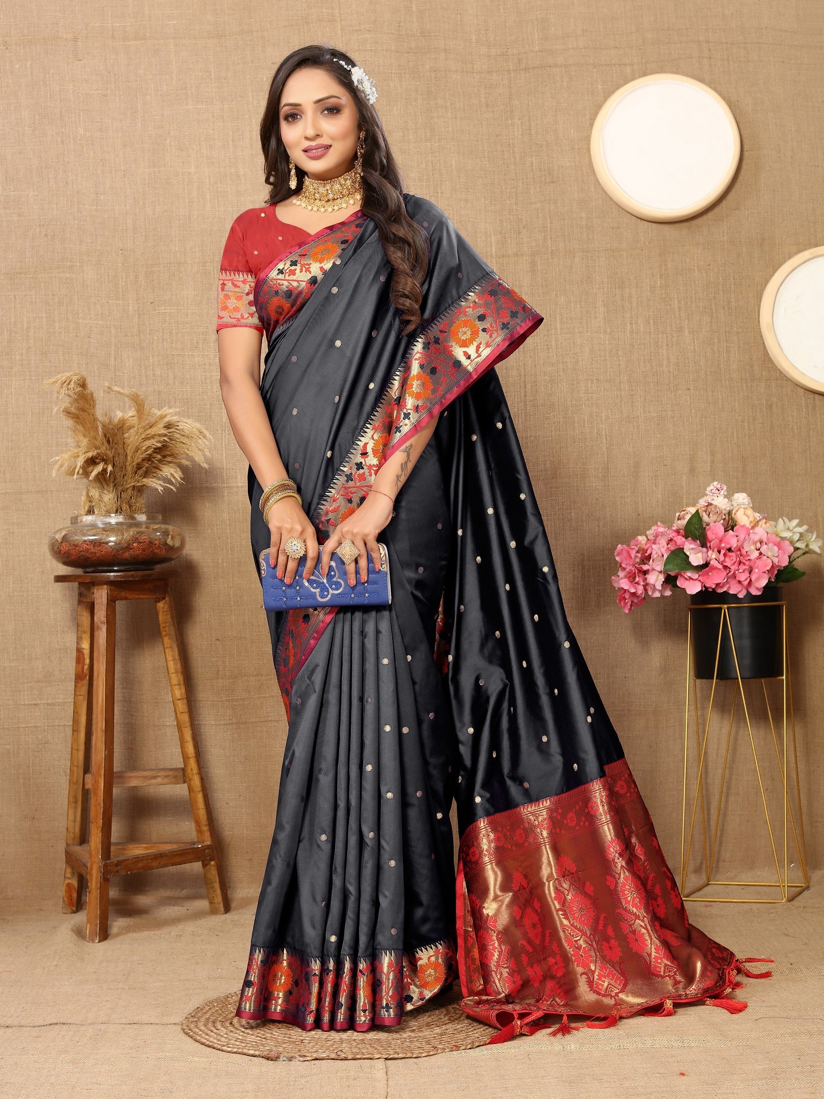 Vedant Vastram Black Color Paithani Silk Saree - Black
