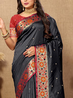 Vedant Vastram Black Color Paithani Silk Saree - Black