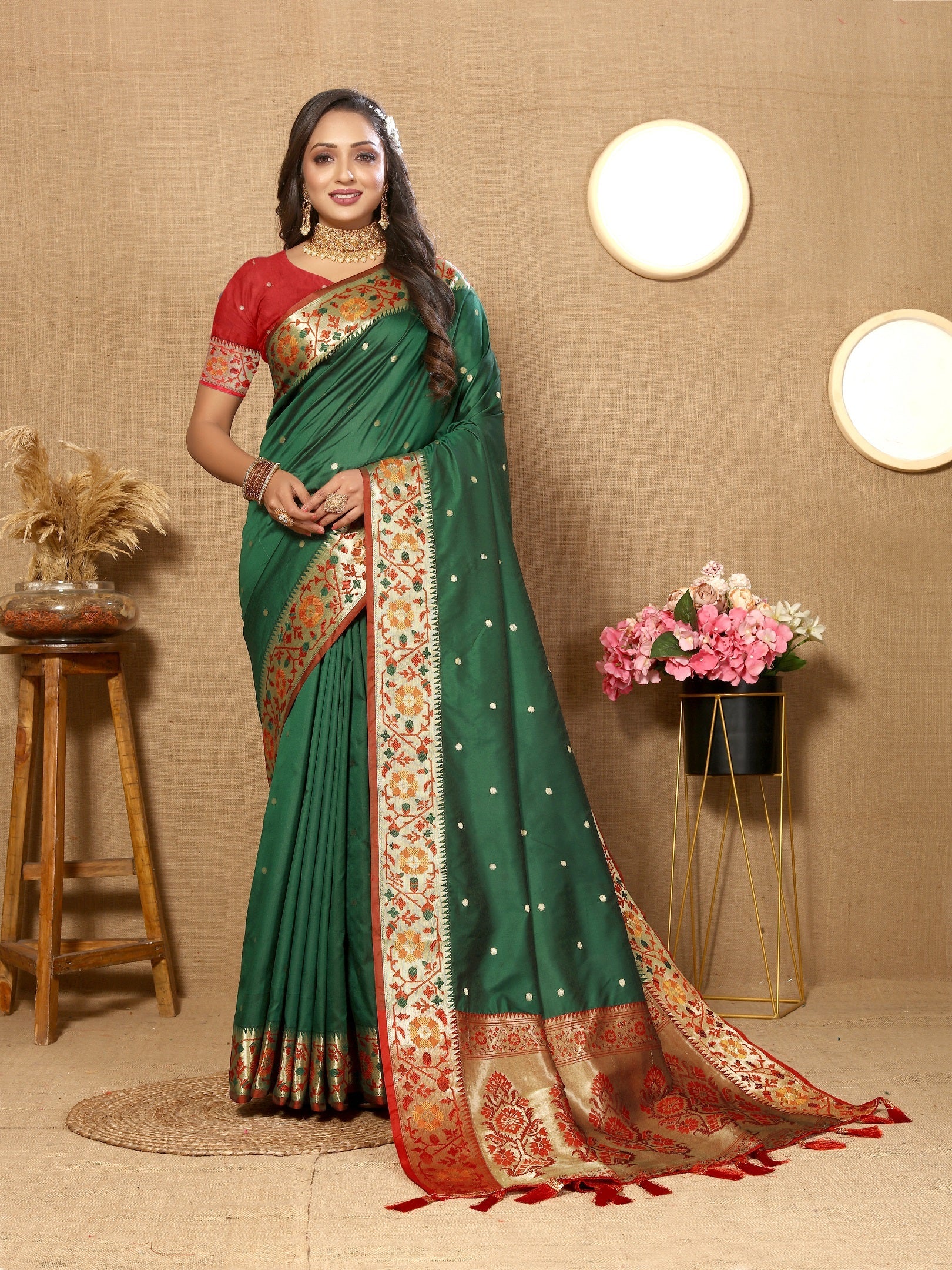 Vedant Vastram Bottle Green Color Paithani Silk Saree - Bottle Green