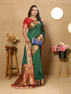 Vedant Vastram Bottle Green Color Paithani Silk Saree - Bottle Green