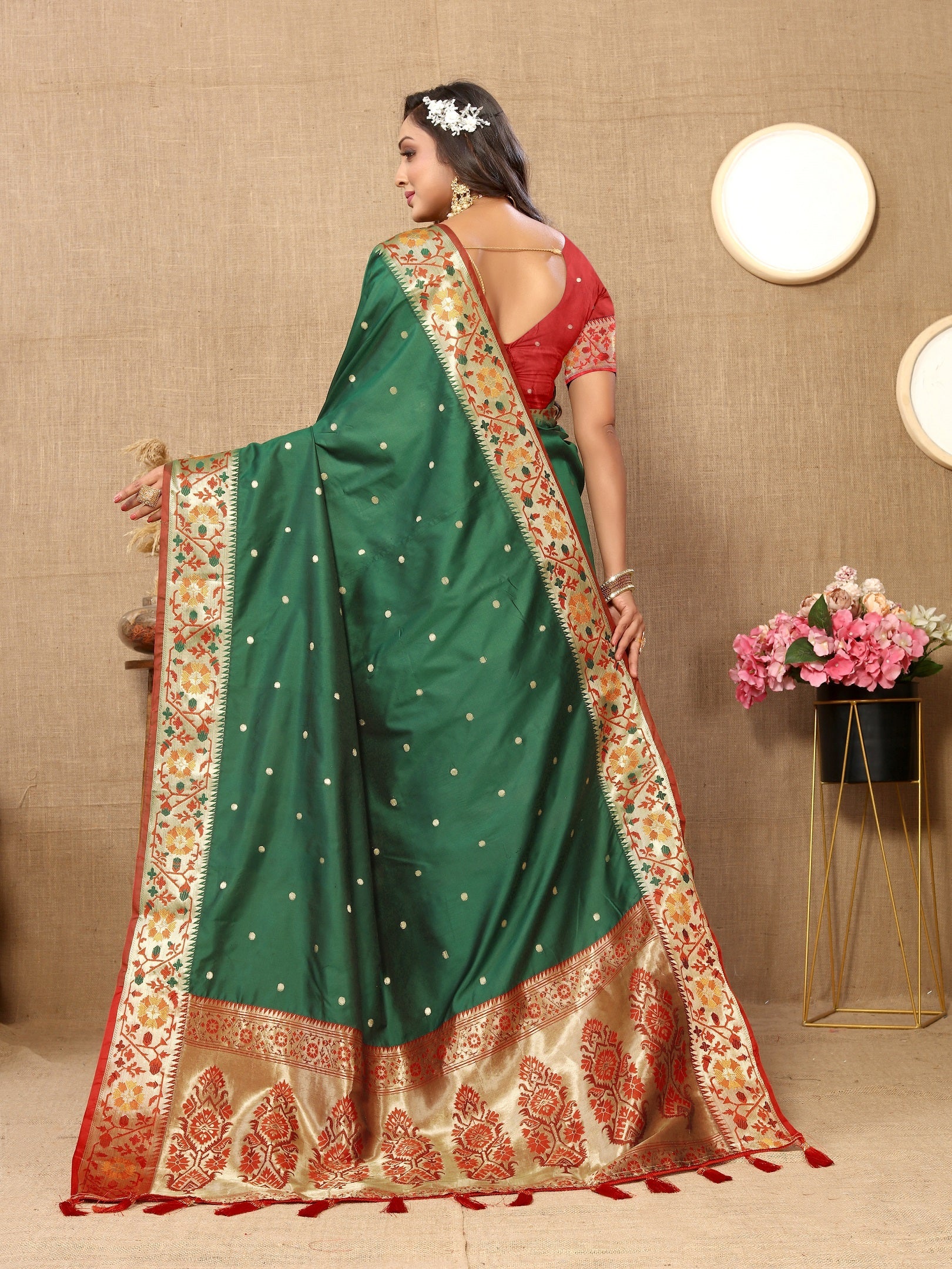 Vedant Vastram Bottle Green Color Paithani Silk Saree - Bottle Green