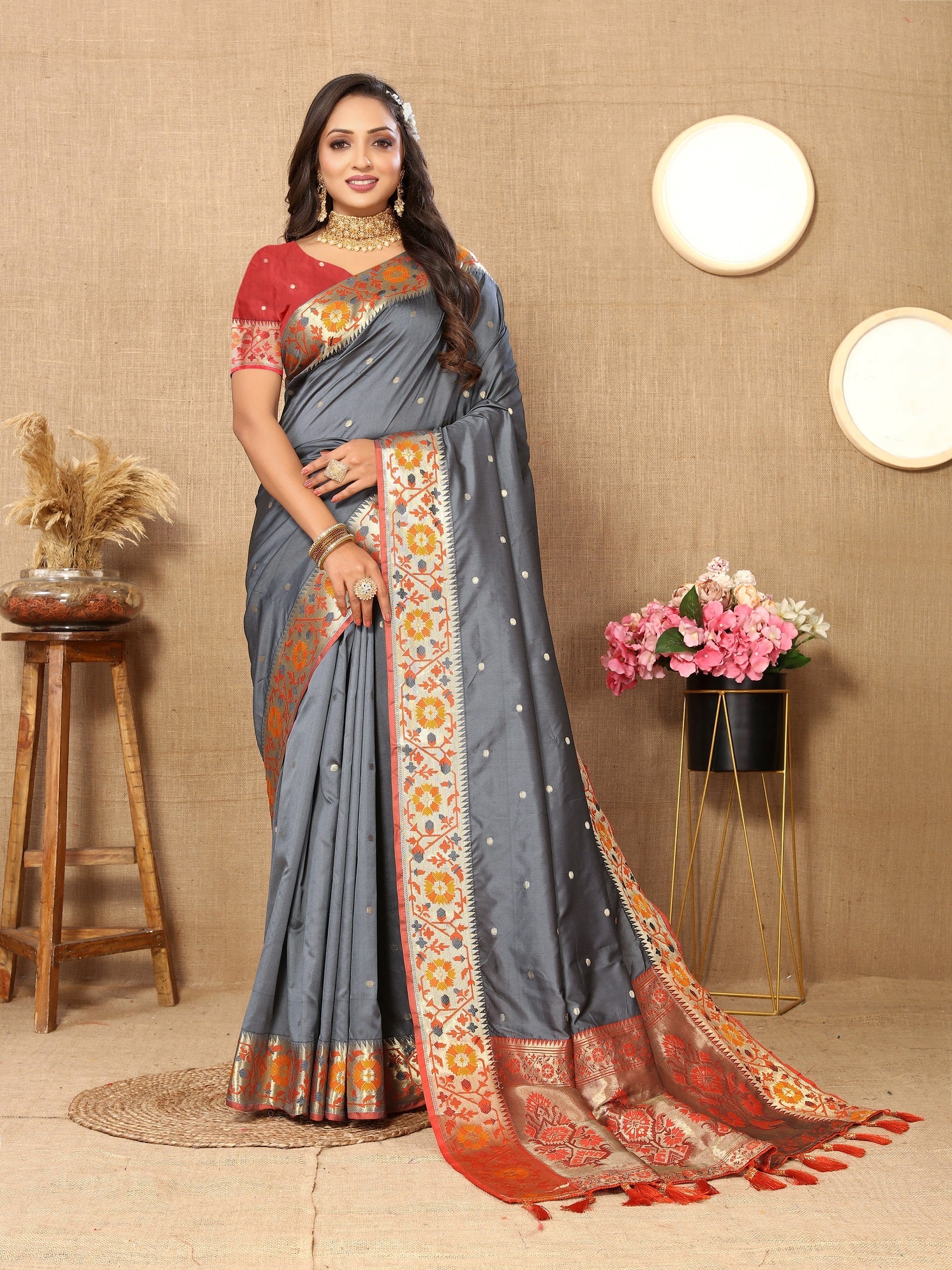 Vedant Vastram Grey Color Paithani Silk Saree - Grey