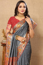 Vedant Vastram Grey Color Paithani Silk Saree - Grey