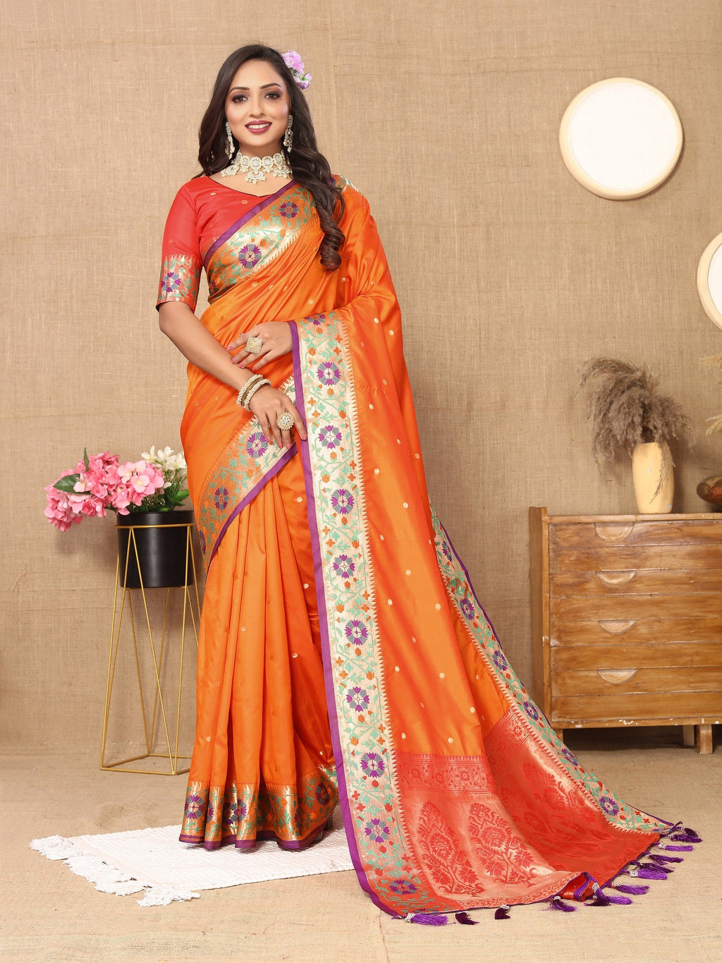 Vedant Vastram Orange Color Paithani Silk Saree - Orange