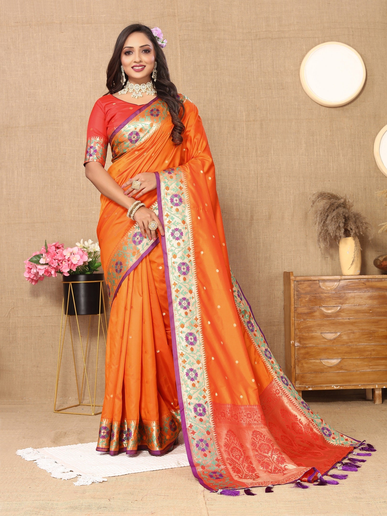 Vedant Vastram Orange Color Paithani Silk Saree - Orange