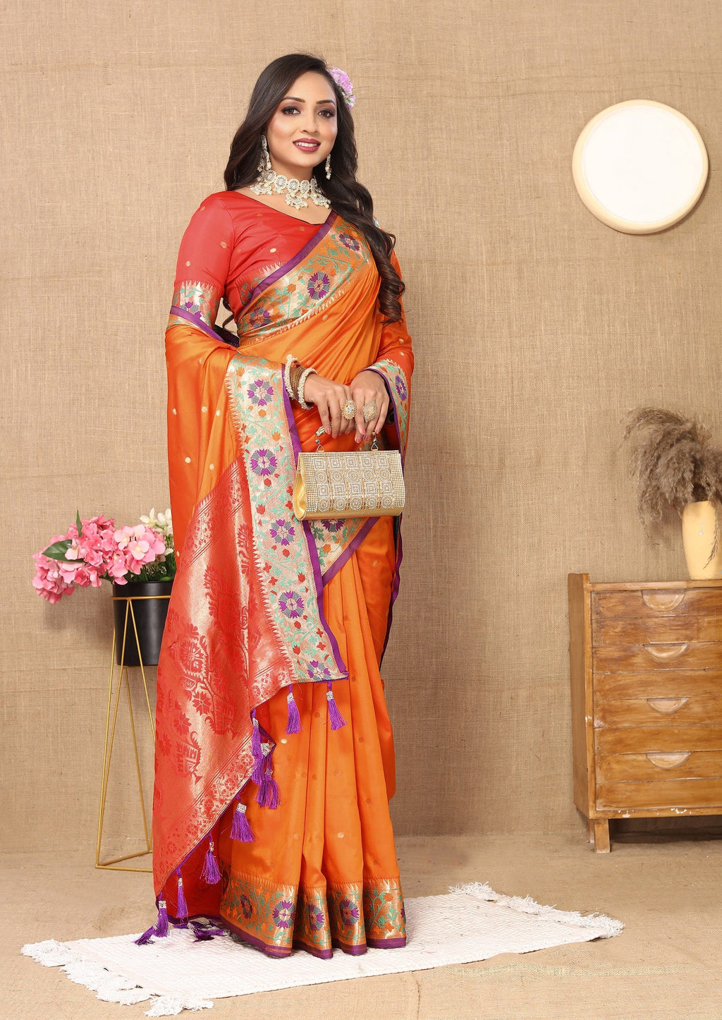 Vedant Vastram Orange Color Paithani Silk Saree - Orange