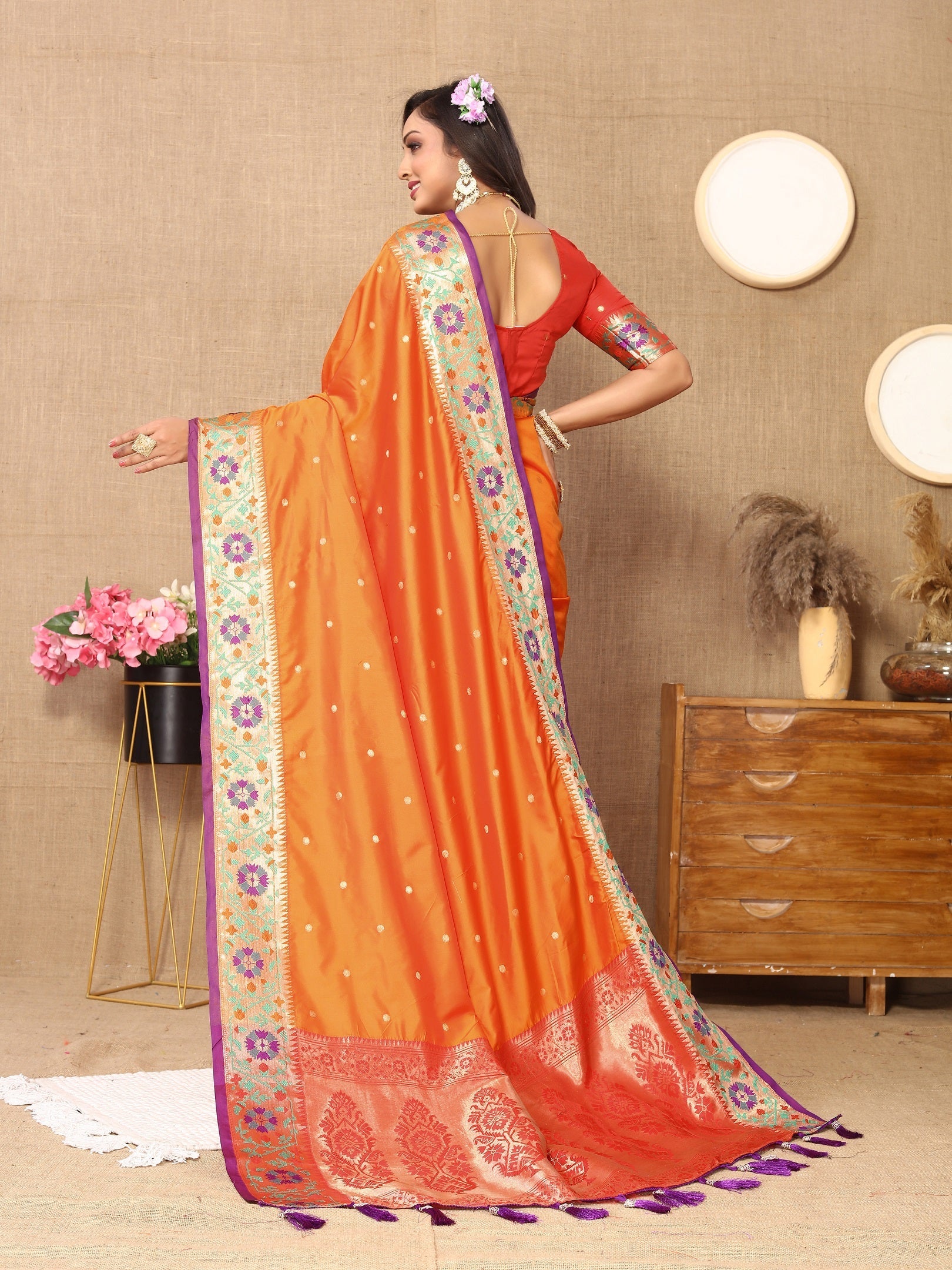 Vedant Vastram Orange Color Paithani Silk Saree - Orange