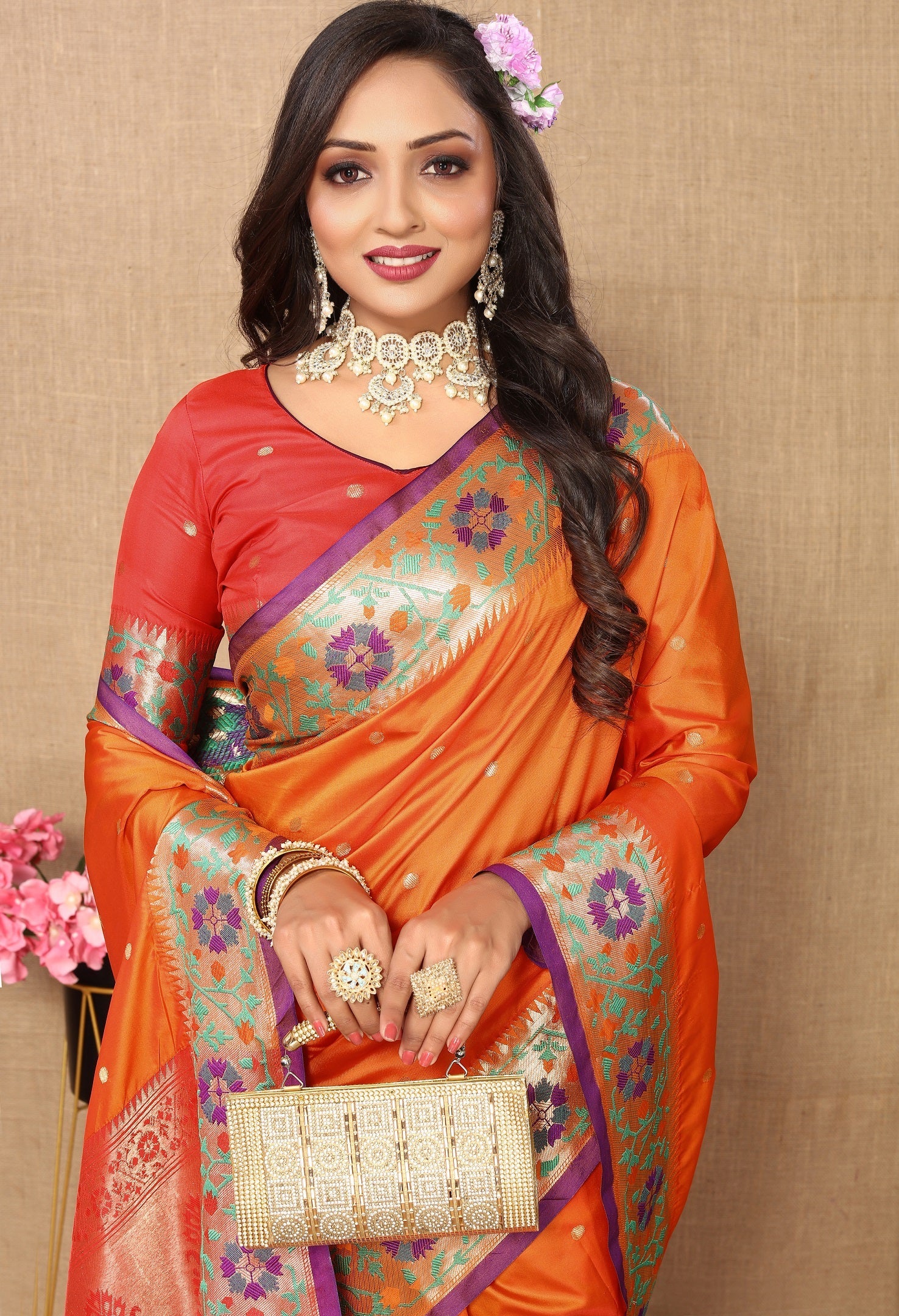 Vedant Vastram Orange Color Paithani Silk Saree - Orange