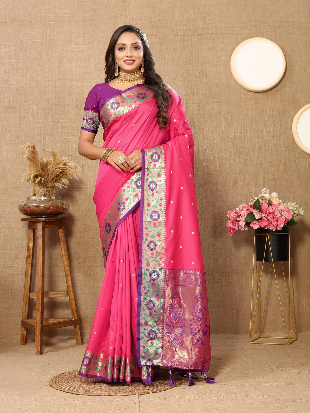 Vedant Vastram Pink Color Paithani Silk Saree - Pink