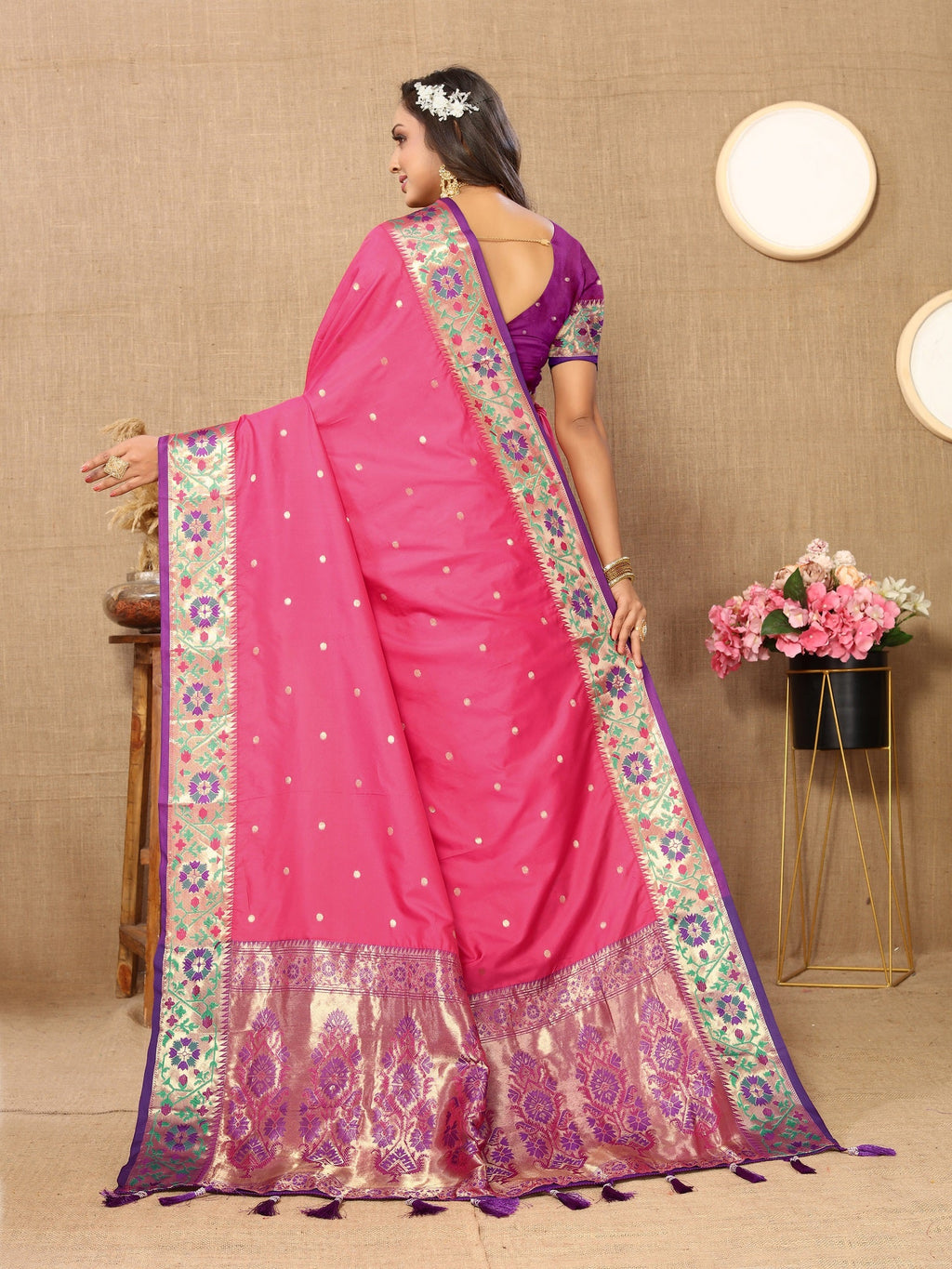 Vedant Vastram Pink Color Paithani Silk Saree - Pink