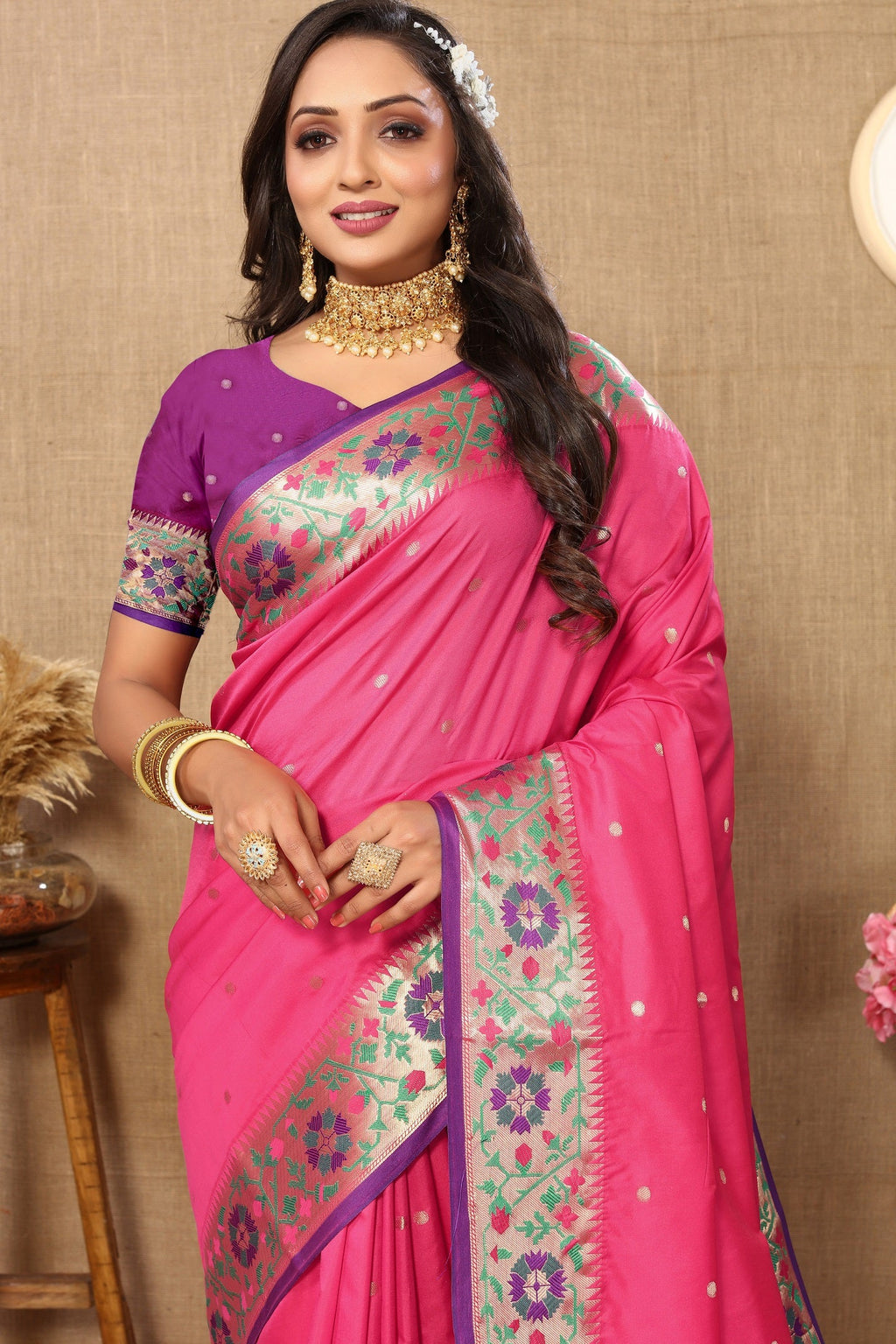 Vedant Vastram Pink Color Paithani Silk Saree - Pink