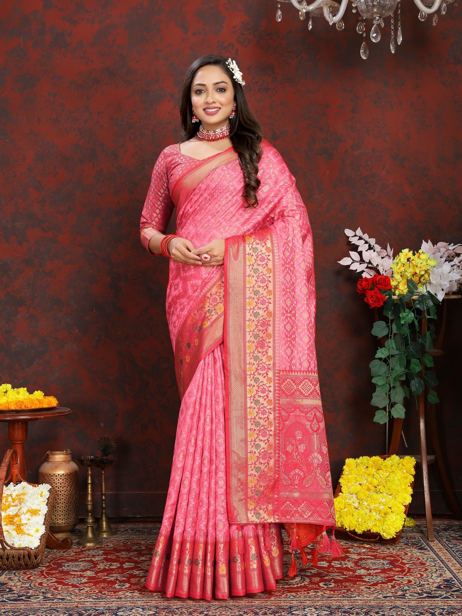 Vedant Vastram Baby Pink Color Kanjeevaram Organza Silk Saree - Baby Pink