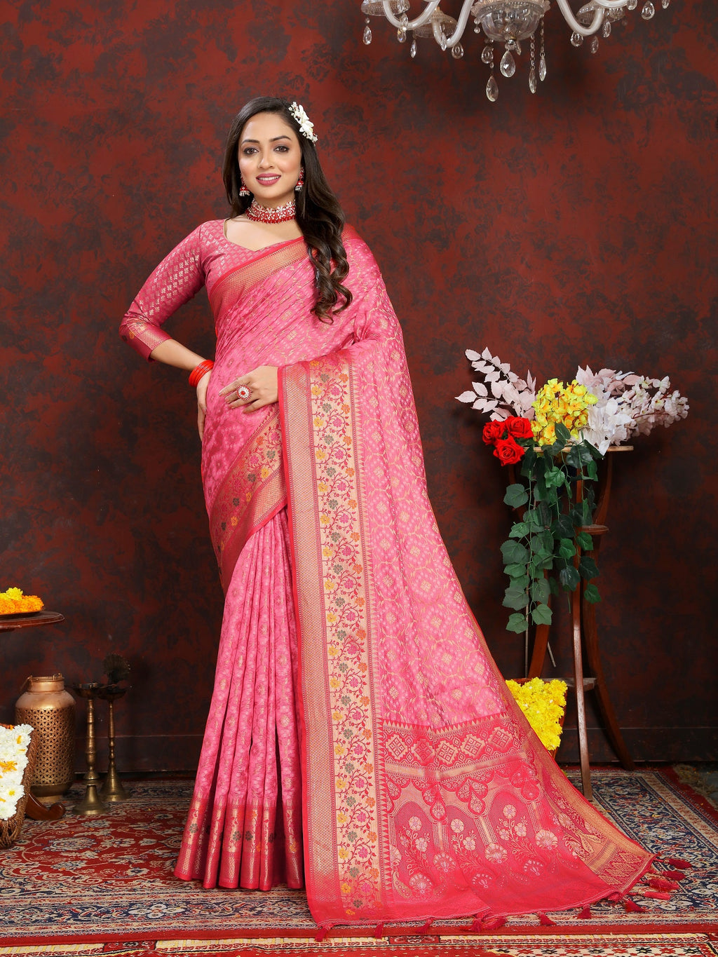 Vedant Vastram Baby Pink Color Kanjeevaram Organza Silk Saree - Baby Pink