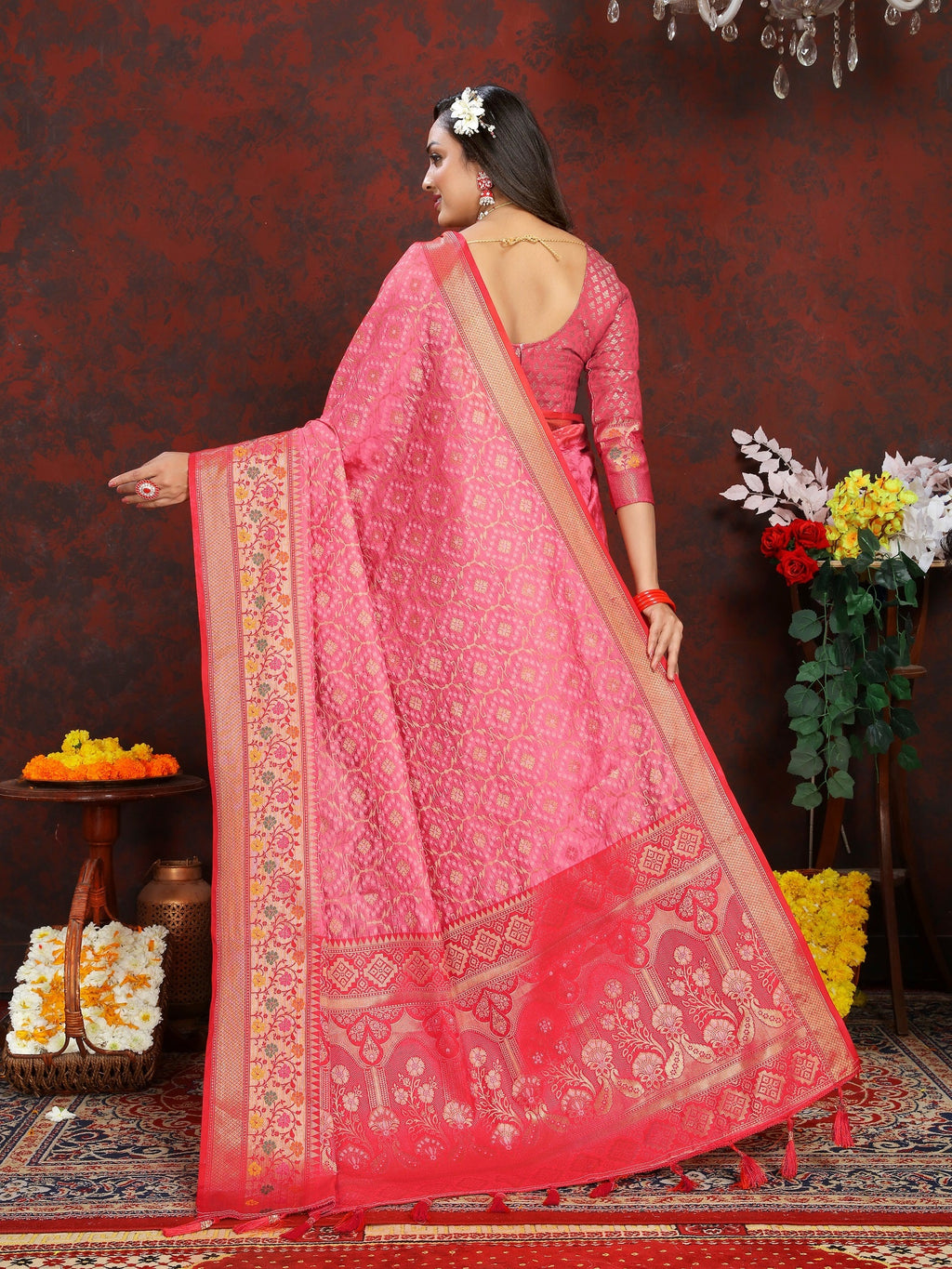 Vedant Vastram Baby Pink Color Kanjeevaram Organza Silk Saree - Baby Pink