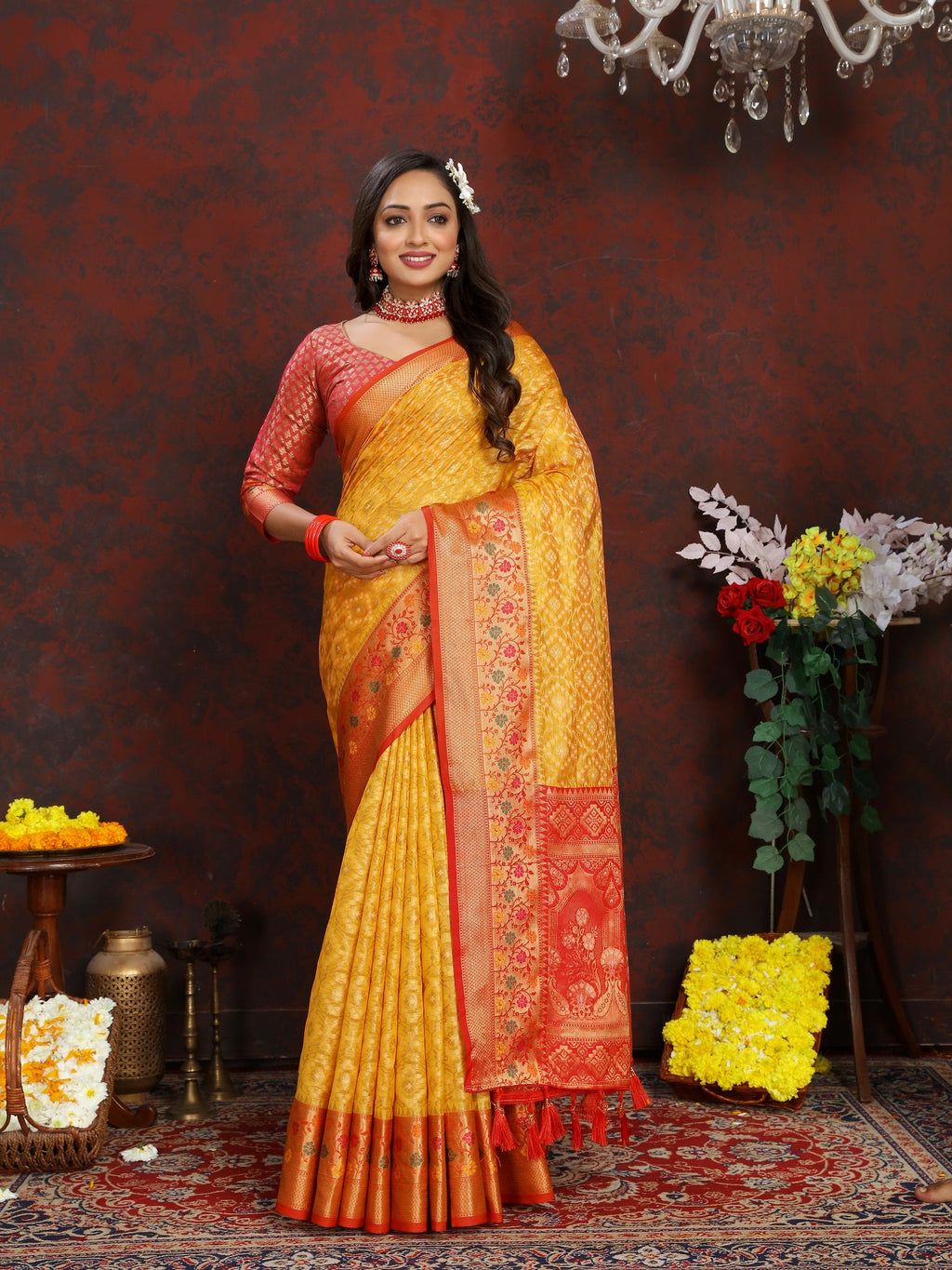 Vedant Vastram Mustard Color Kanjeevaram Organza Silk Saree - Mustard
