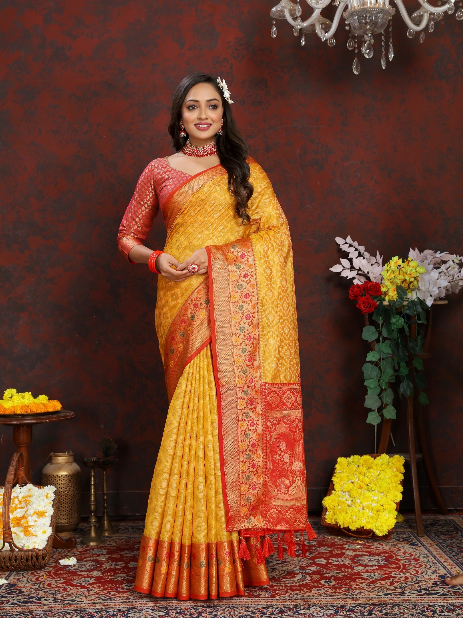 Vedant Vastram Mustard Color Kanjeevaram Organza Silk Saree - Mustard