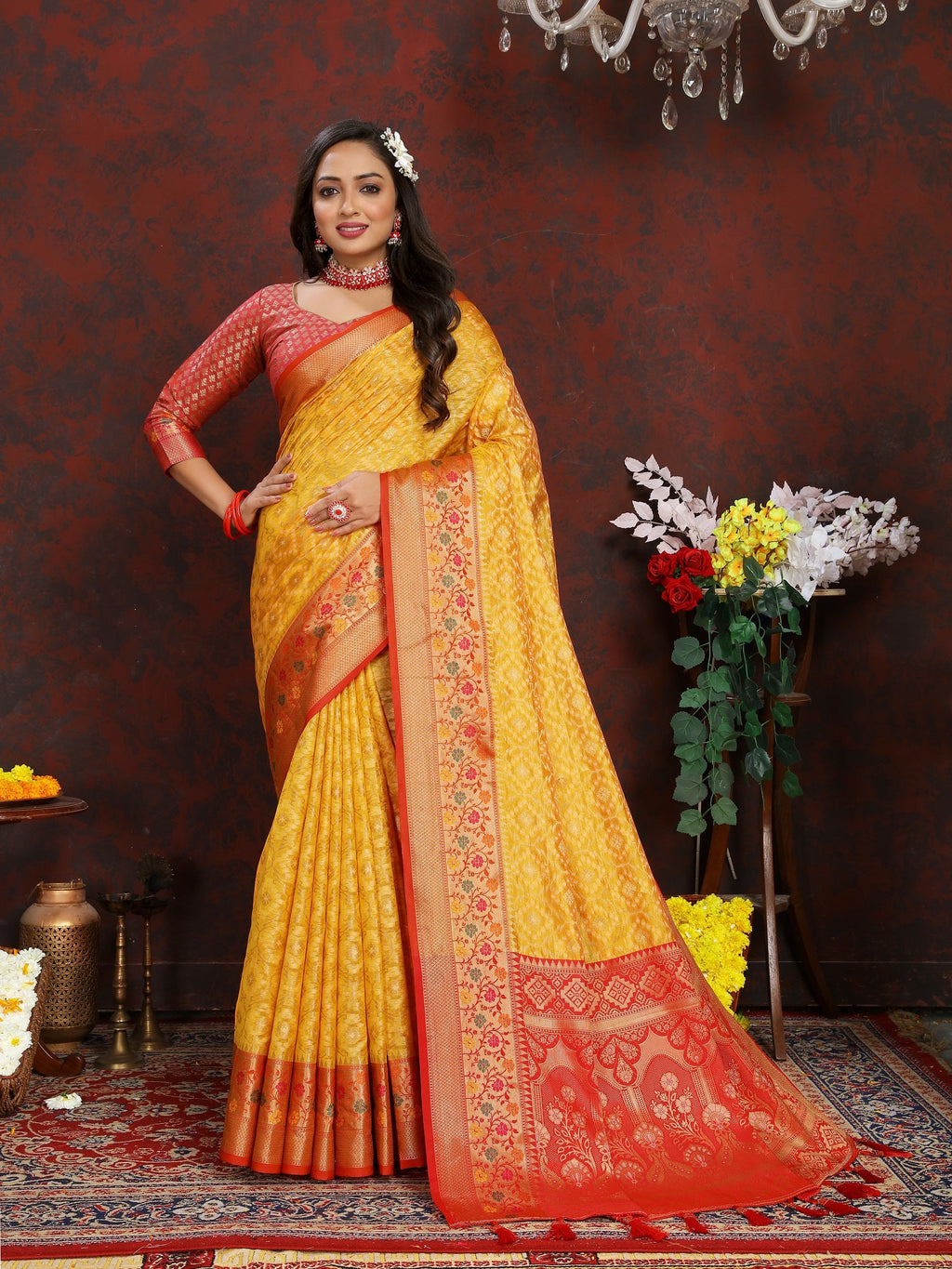 Vedant Vastram Mustard Color Kanjeevaram Organza Silk Saree - Mustard