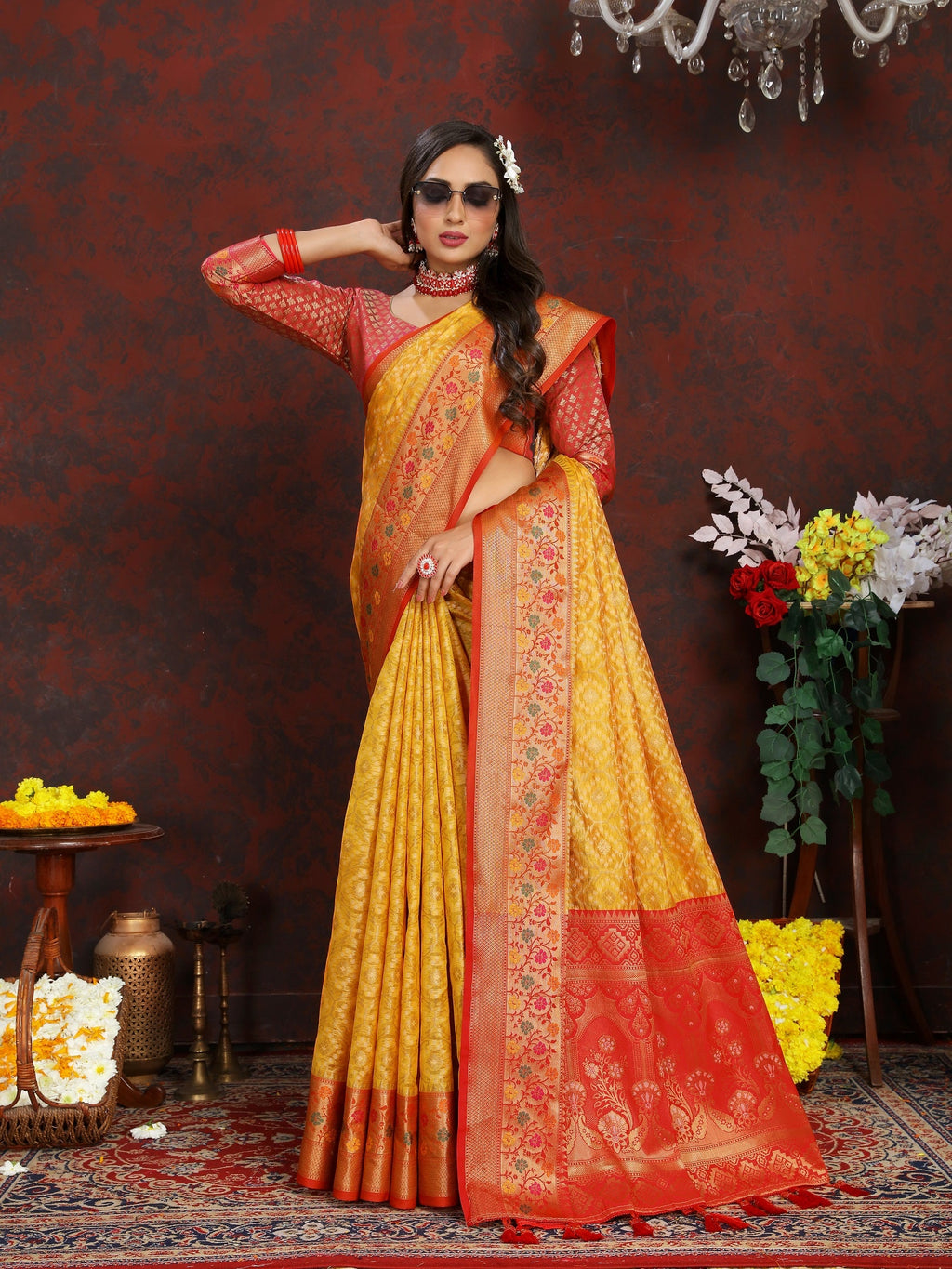 Vedant Vastram Mustard Color Kanjeevaram Organza Silk Saree - Mustard
