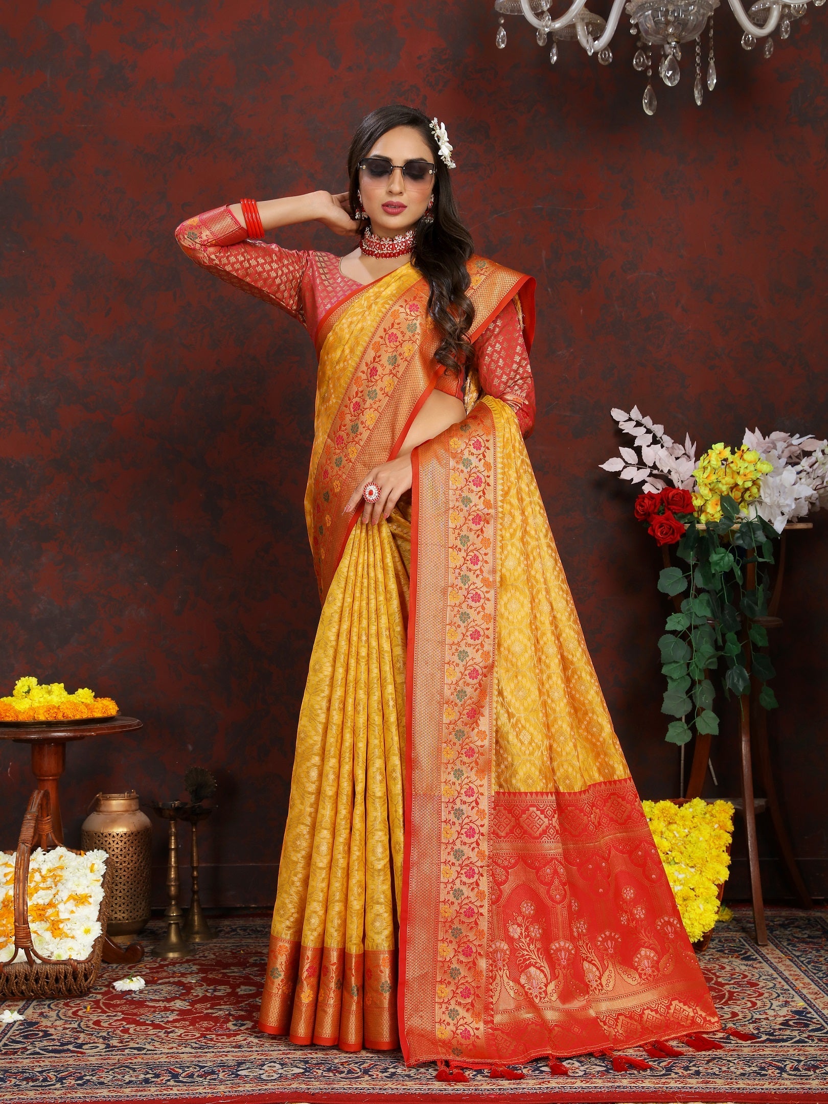 Vedant Vastram Mustard Color Kanjeevaram Organza Silk Saree - Mustard