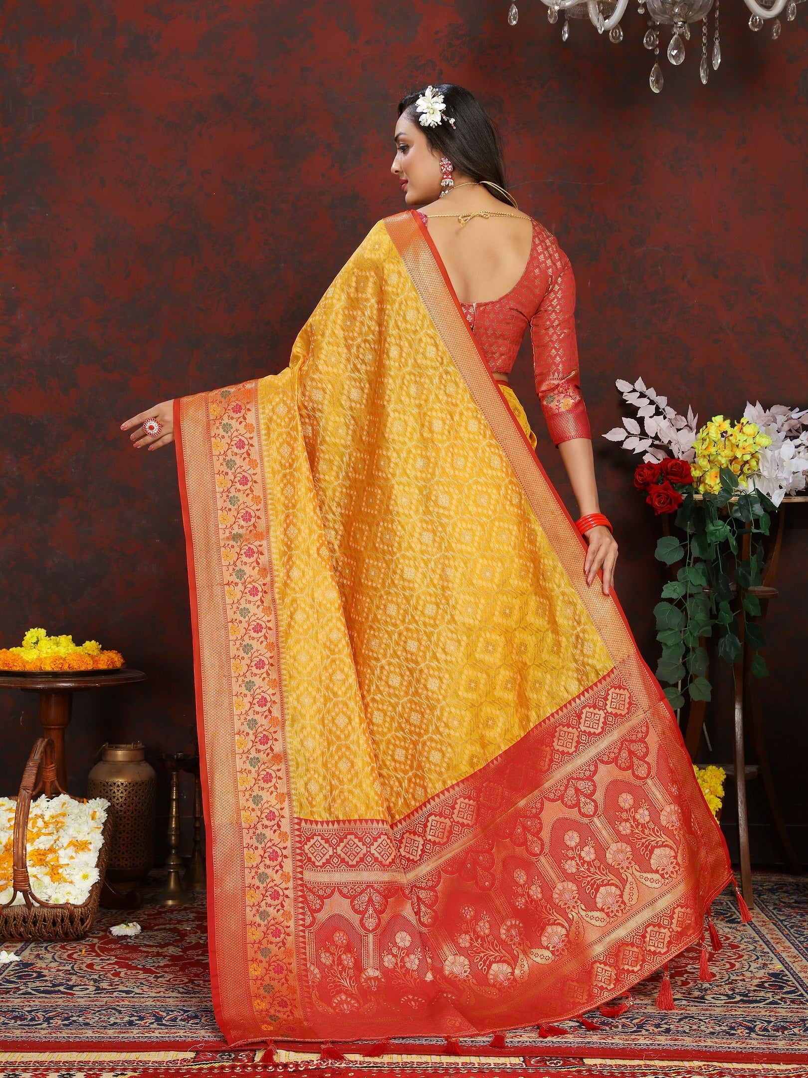 Vedant Vastram Mustard Color Kanjeevaram Organza Silk Saree - Mustard