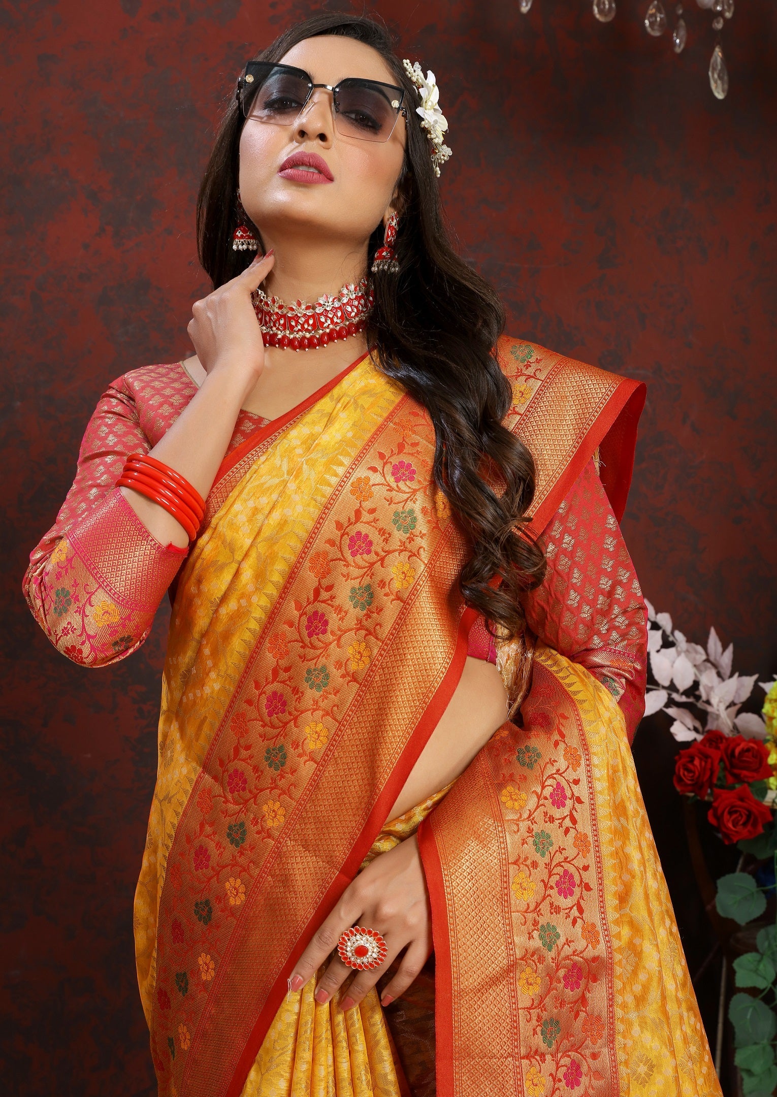 Vedant Vastram Mustard Color Kanjeevaram Organza Silk Saree - Mustard